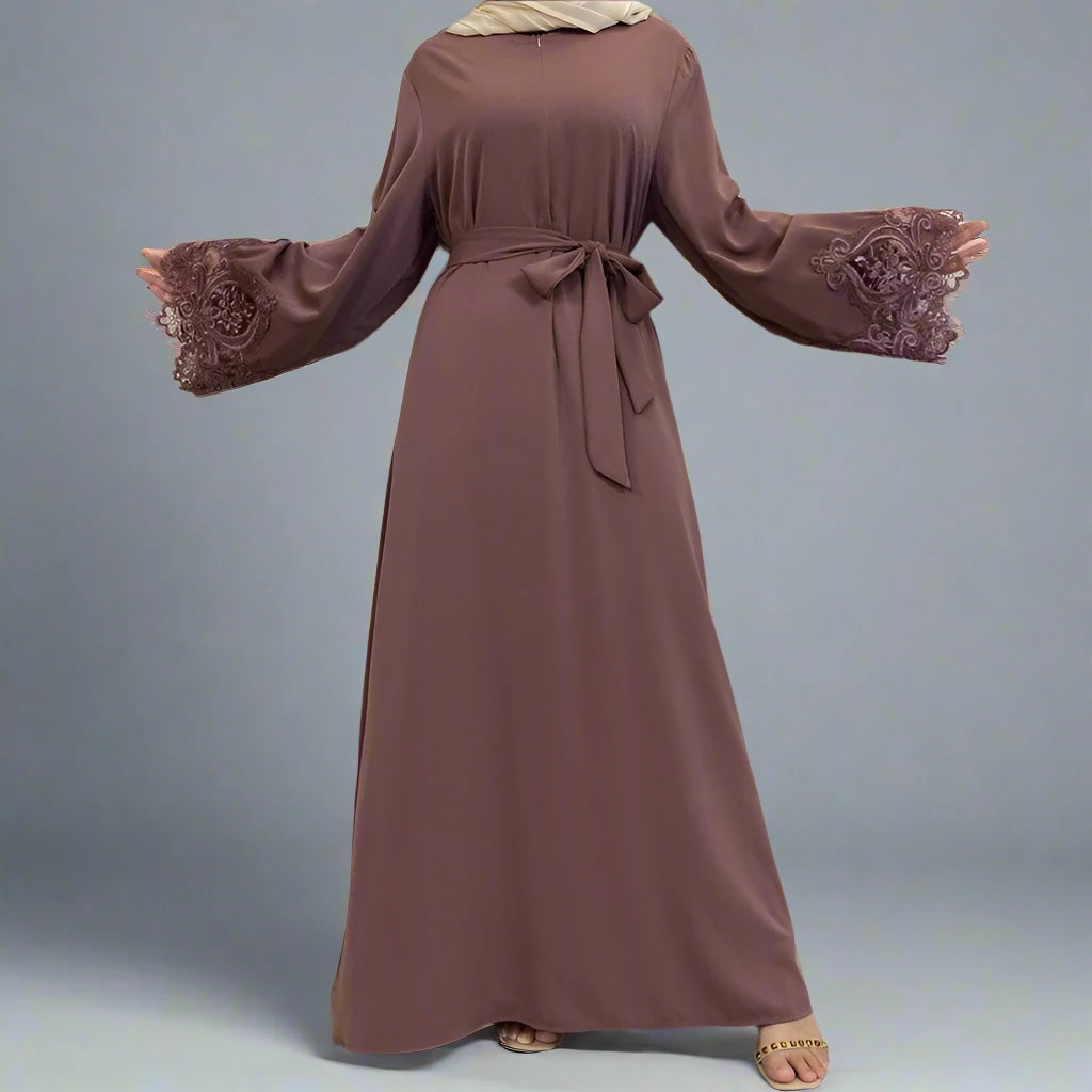 Elegant Muslim Women's Lace Sleeve Nida Abaya Dress - Modest Islamic Prayer Dress for Mosque & Special Occasions