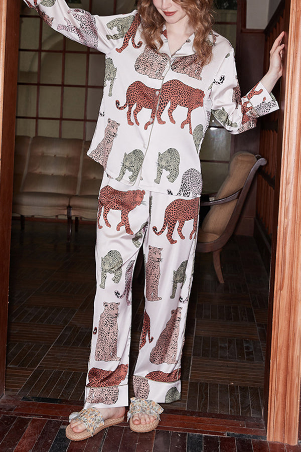 Stylish White Leopard Print Long Sleeve Two-Piece Loungewear Set - Cozy Home Outfit for Women | Perfect for Relaxing, Lounging & Casual Wear