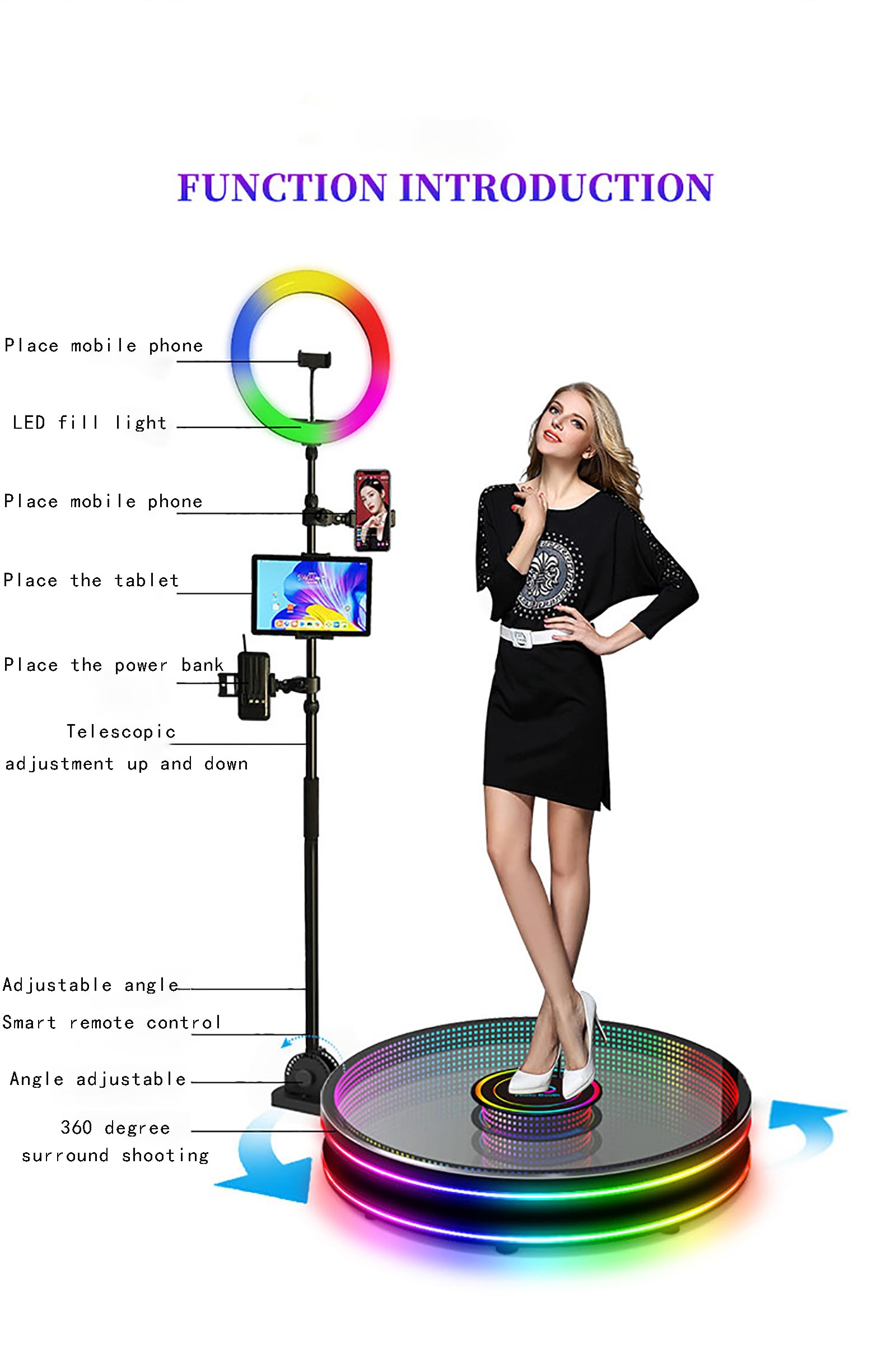 360 Photo Booth with RGB Ring Light - Portable Selfie Video Platform for 1-7 People, Slow Motion Camera Booth with Magic Glass & Flight Case - Perfect for Parties, Weddings, and Social Media Content Creation