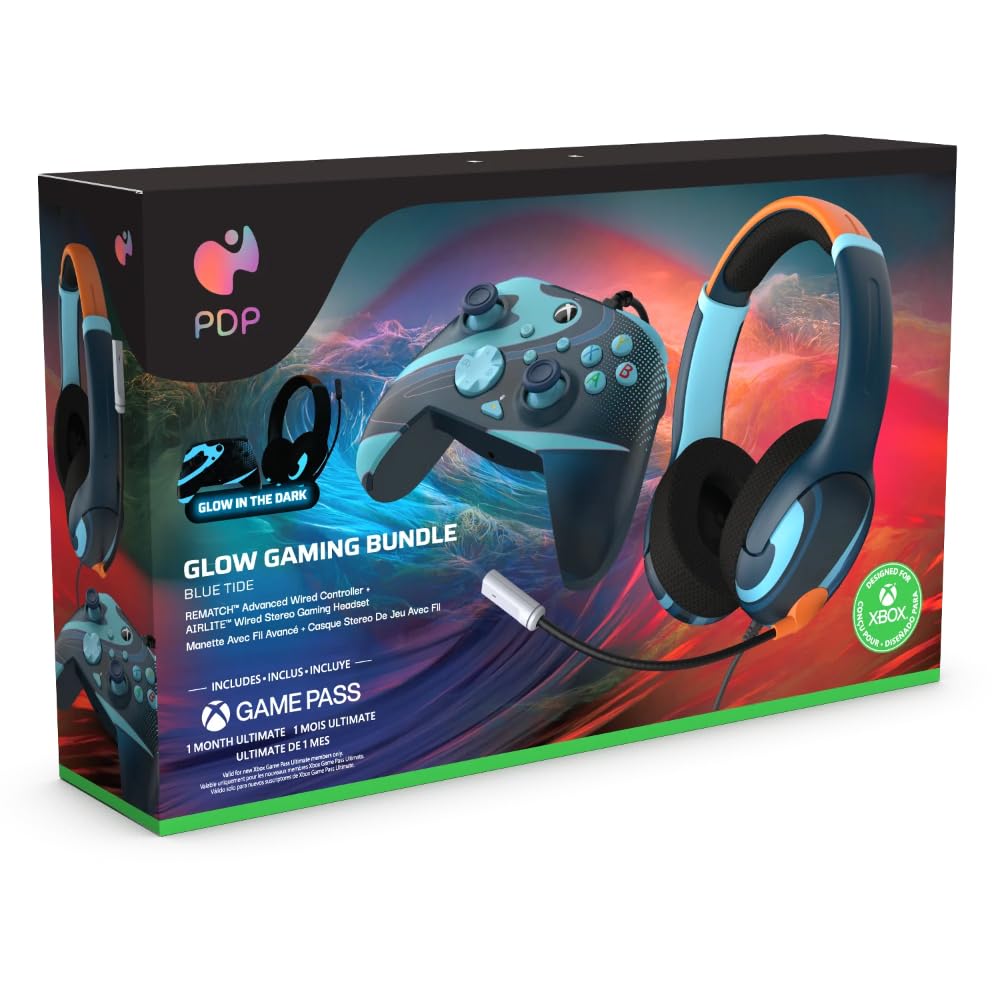PDP Airlite Wired Stereo Gaming Headset & REMATCH Wired Controller Bundle - Blue Tide for Xbox Series X|S - Perfect for Competitive Gaming & Immersive Play