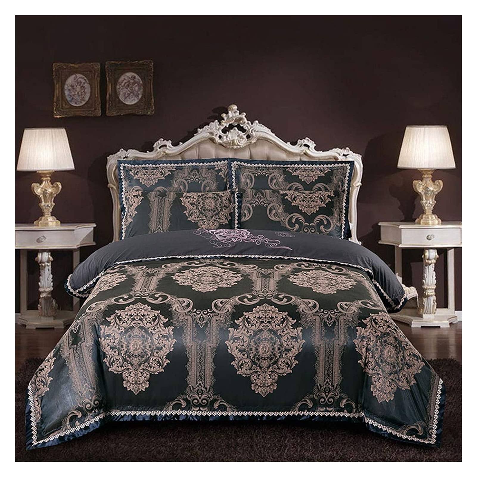 Luxury King Size Black Silk Cotton Jacquard Bedding Set - 4 Piece Wrinkle-Free & Stain-Resistant Sheets & Pillowcases for Double Bed | Perfect for Master Bedroom, Guest Room & Hotel Use