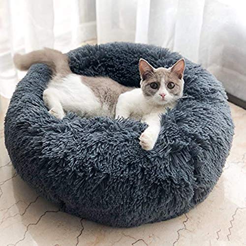 Self-Warming Round Pet Bed - Plush Soft Washable Donut Dog Bed for Small Medium Large Dogs, Calming Cuddler Bed with Non-Slip Bottom, Comfortable Sleeping Bed for Winter (Dark Grey, 100cm) - Perfect for Home, Office & Travel Use