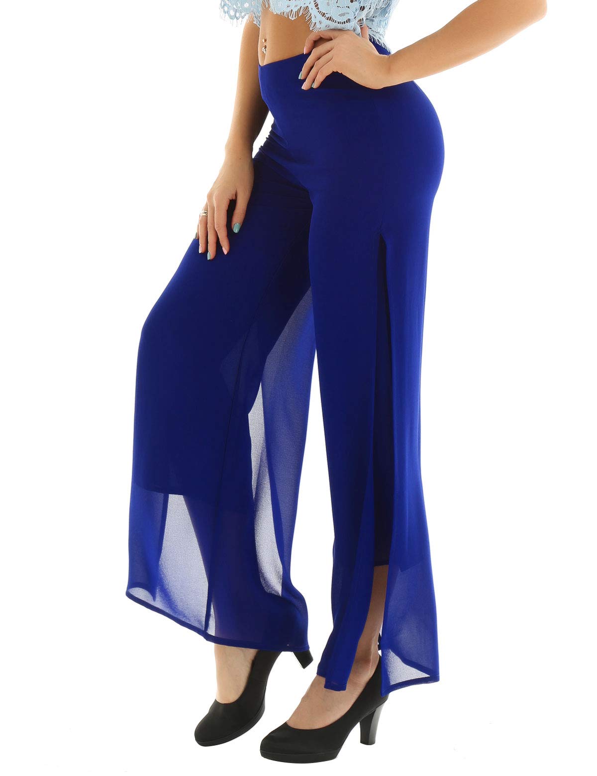 YiZYiF Women's High Waist Double Layer Chiffon Palazzo Pants - Solid Color Lounge Pants with Side Split | Perfect for Yoga, Beach Wear & Casual Outfits