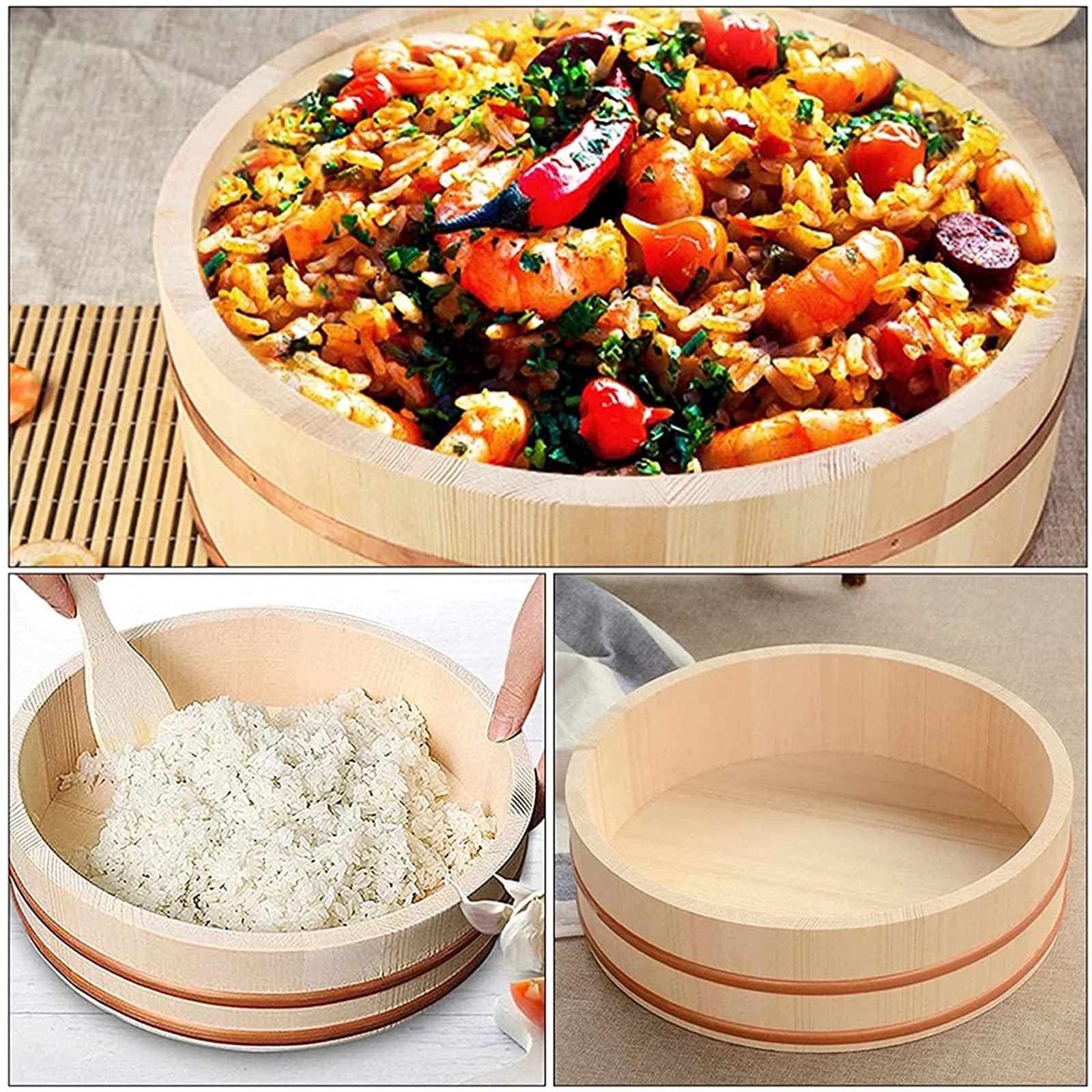Premium WSHA Sushi Rice Bowl with Copper Band - 48cm Hangiri Tub for Perfect Sushi Rice Mixing | Ideal for Restaurants & Home Kitchens | Great for Sushi Making, Dough Kneading & Rice Storage