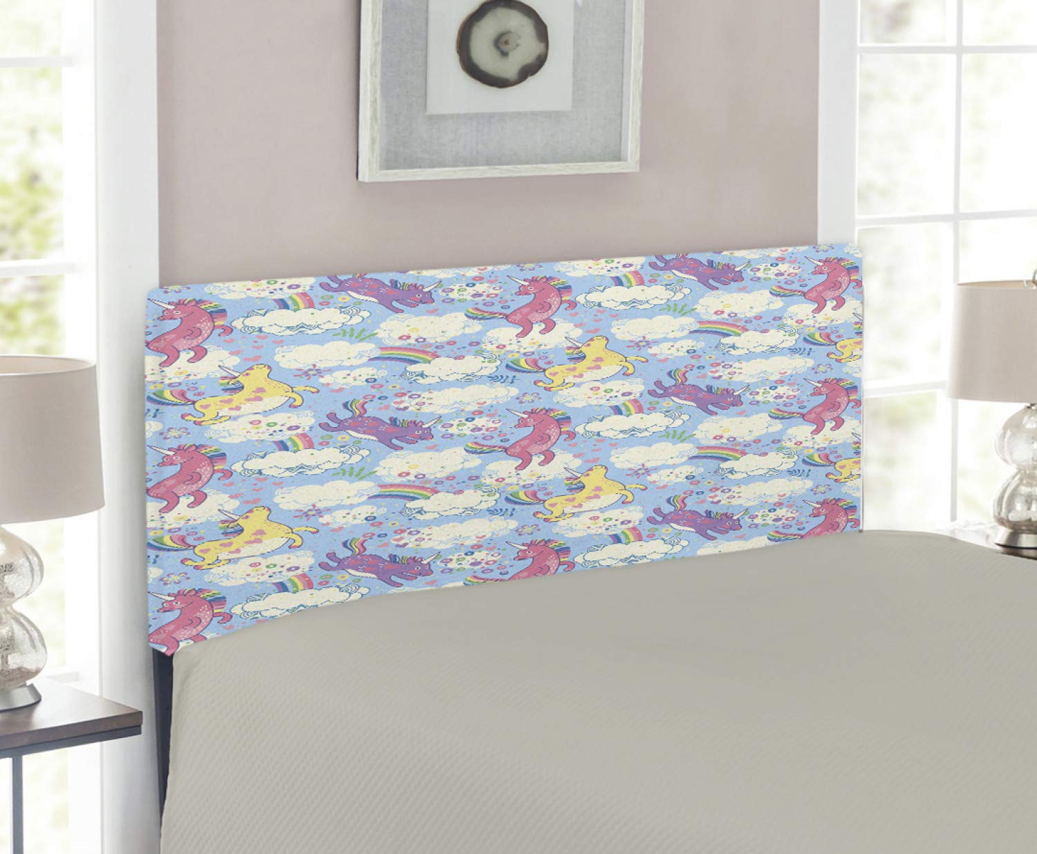 Lunarable Twin Size Rainbow Unicorn Headboard - Upholstered Decorative Metal Bed Headboard with Memory Foam, Colorful Sky with Rainbows & Clouds Design - Perfect for Girls' Bedroom Decor & Fantasy Theme Rooms