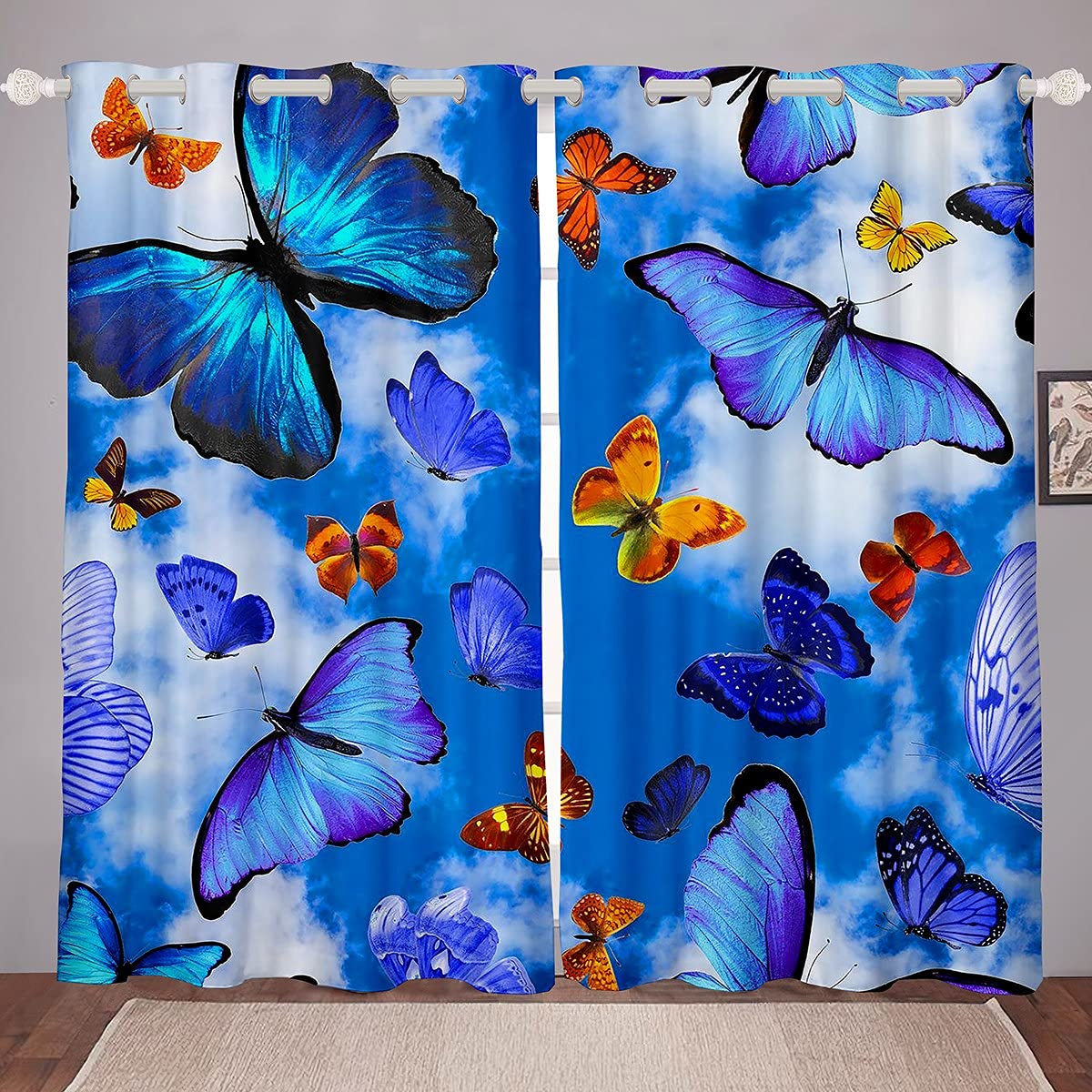 Colorful Butterfly Window Curtains for Kids Room - Soft Microfiber Blackout Drapes with Blue Sky & White Clouds Design (2 Panels, 42x84 Inches) - Perfect for Girls' Bedroom, Nursery, or Playroom Decor