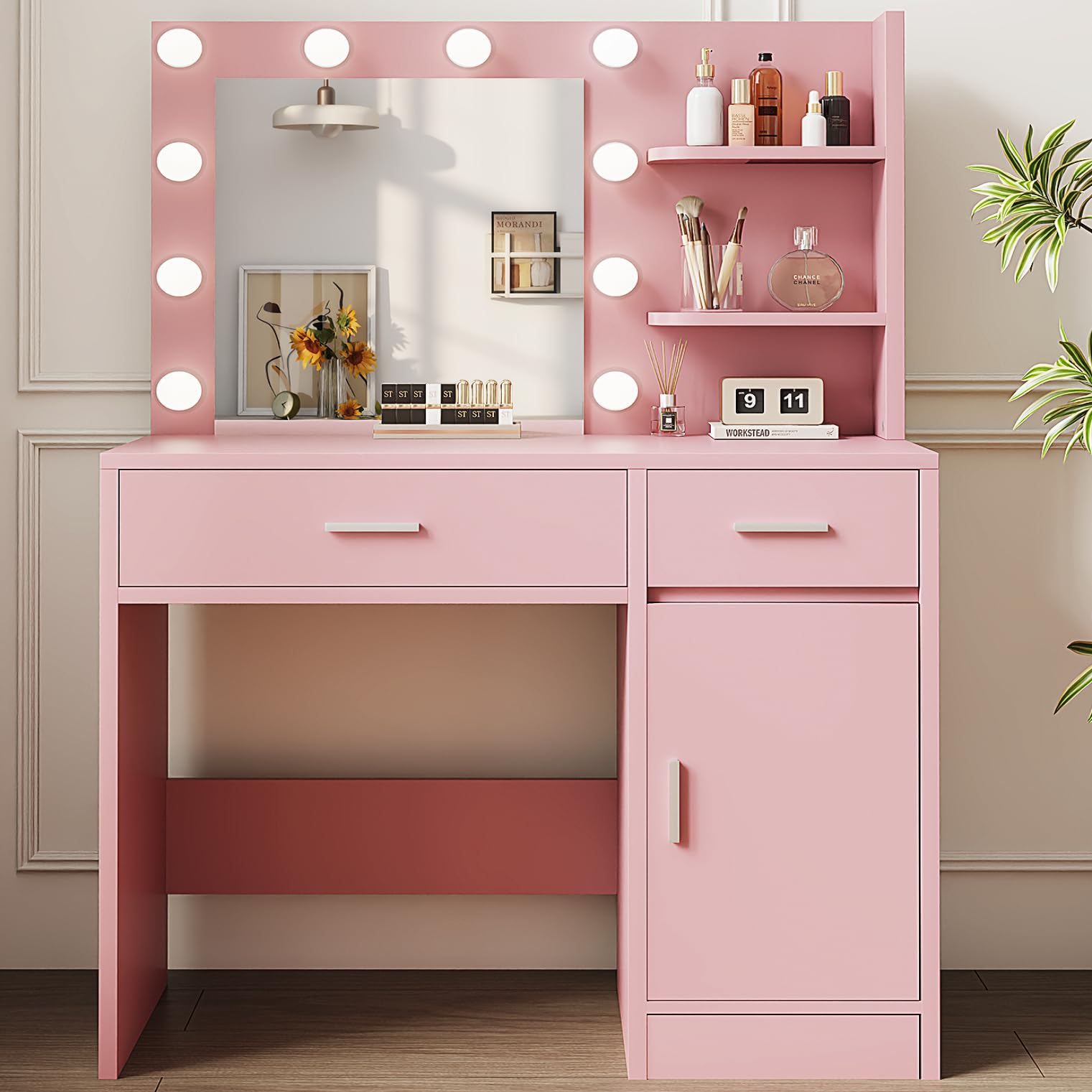 Pink Vanity Table with Lights and Mirror - 3 Adjustable Lighting Modes for Makeup & Skincare | Perfect for Bedroom, Dressing Room & Beauty Studio