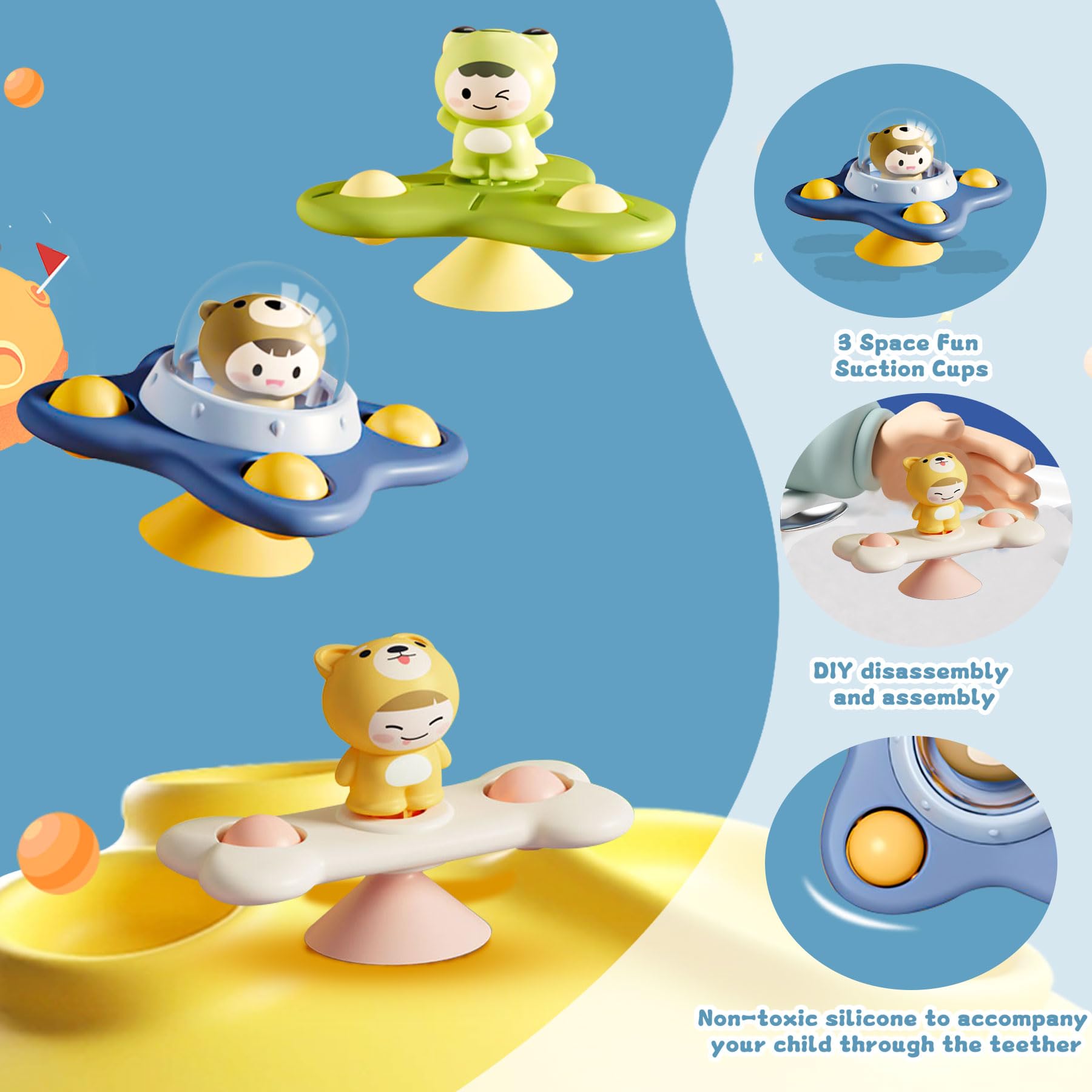 3Pcs Baby Suction Cup Spinner Toy - Bath & Travel Sensory Toys for 1-2 Year Olds - Window Play for Toddlers