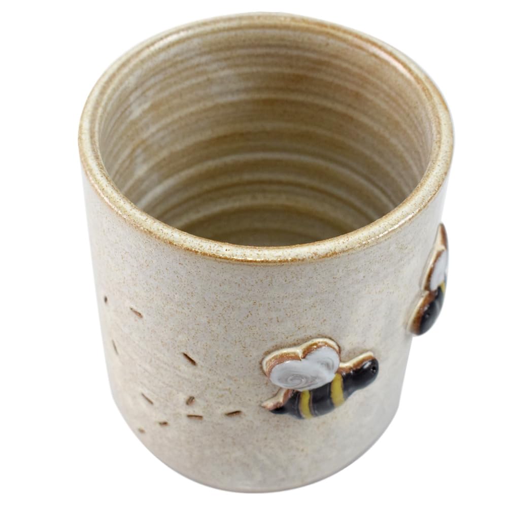 Handmade American Stoneware Utensil Holder with Busy Bee Design - Farmhouse Kitchen Countertop Organizer for Spoons, Forks & Cooking Tools