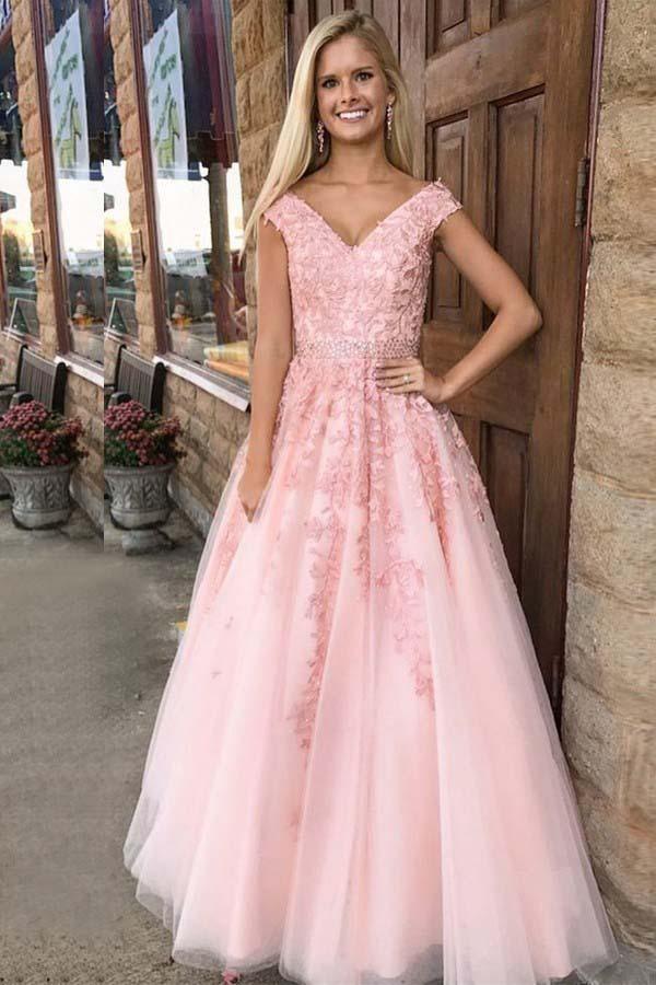 Elegant A-Line V-Neck Cap Sleeves Pink Tulle Beaded Appliques Prom Dress PG471 - Perfect for Homecoming, Formal Dances & Special Occasions
