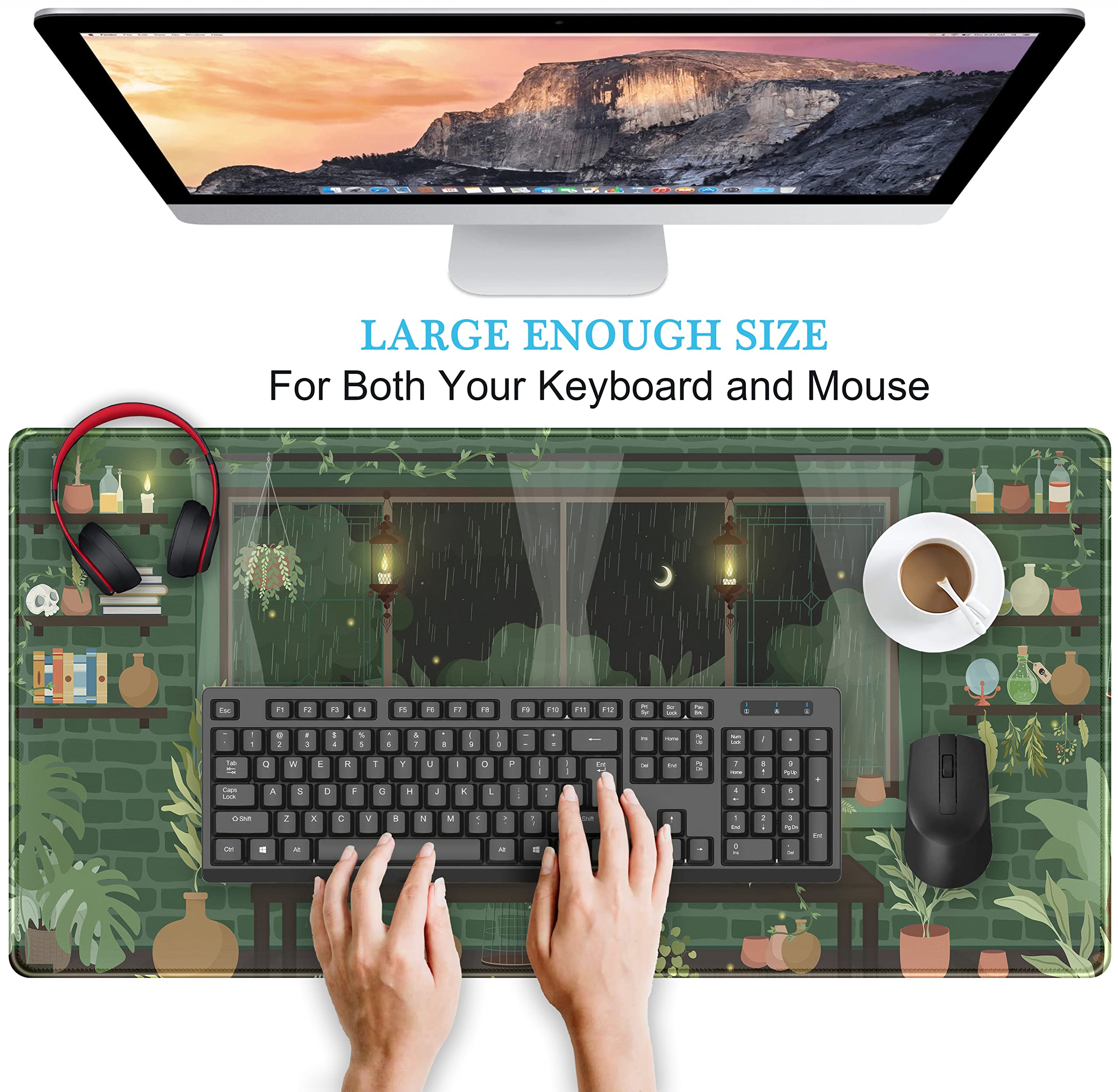 Green Plants & Black Cat Aesthetic XXL Gaming Mouse Pad (31.5