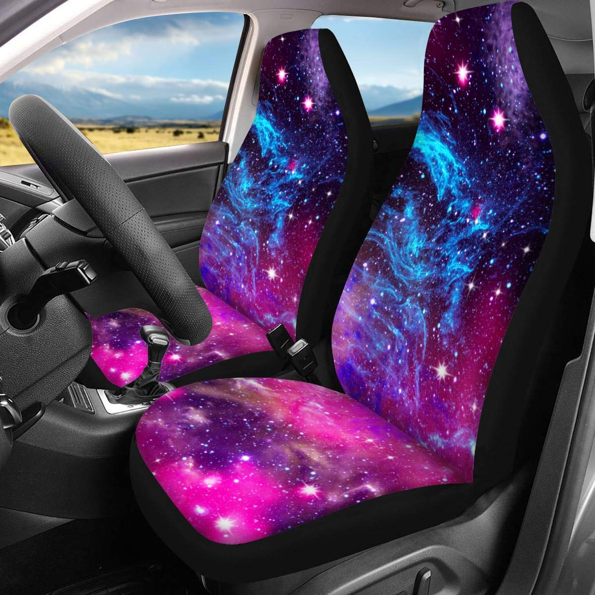 INSTANTARTS 2-Piece Universal Purple Galaxy Car Seat Covers - Front Bucket Seats Only - Fits Cars, SUVs, Sedans, Vans & Trucks - Durable Vehicle Seat Protector for Comfort & Style - Perfect for Daily Commute, Road Trips & Gift Giving