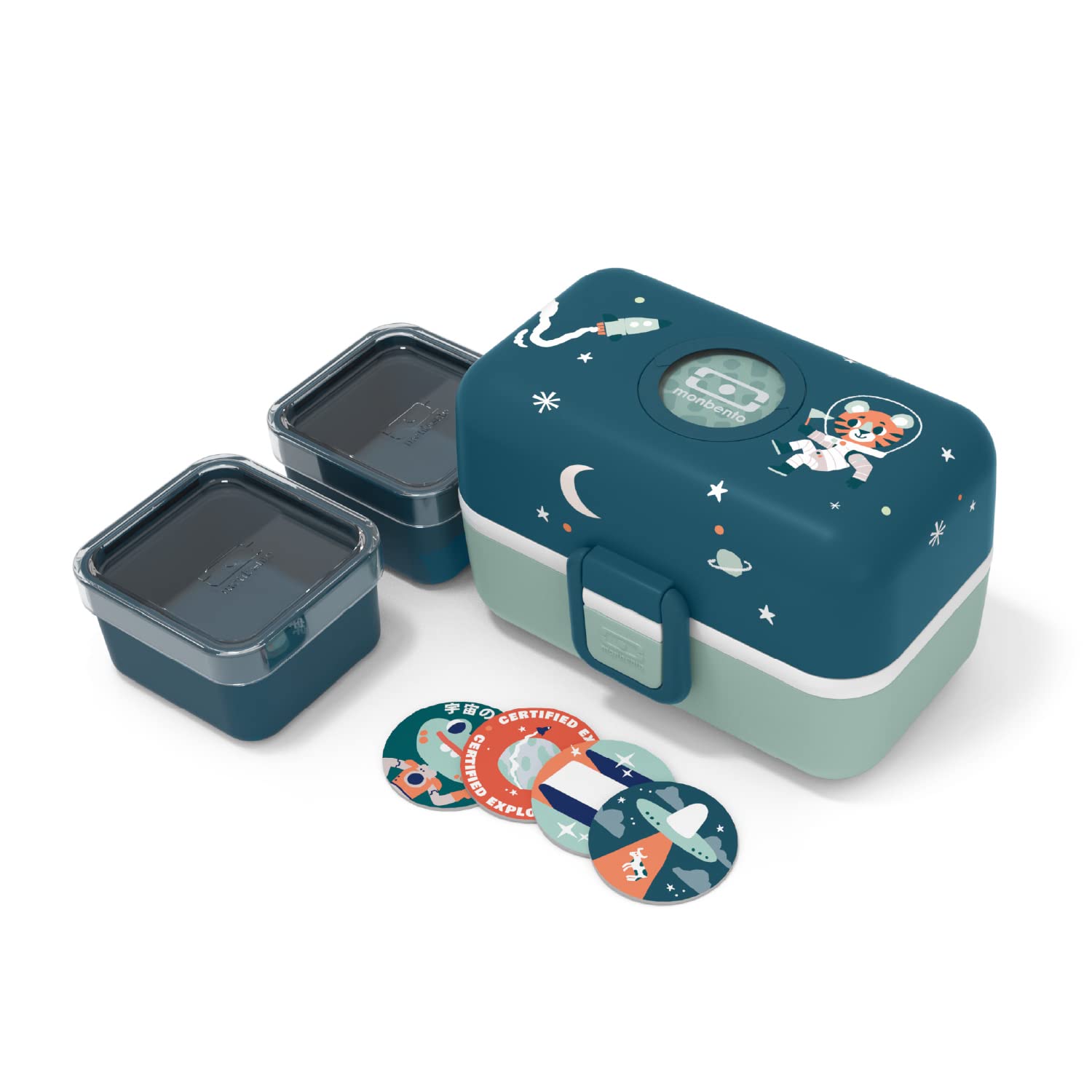 MONBENTO MB Tresor Cosmic Kids Bento Lunch Box - 3 Compartment BPA-Free Food Grade Safe Container for School, Picnics & Travel - Space-Themed Planets & Stars Design in Blue