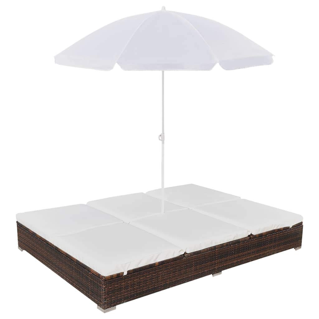 Brown Poly Rattan Patio Lounge Bed with Umbrella - Outdoor Reclining Couch for Garden, Poolside & Beach - Durable Patio Furniture for Relaxing, Sunbathing & Lounging