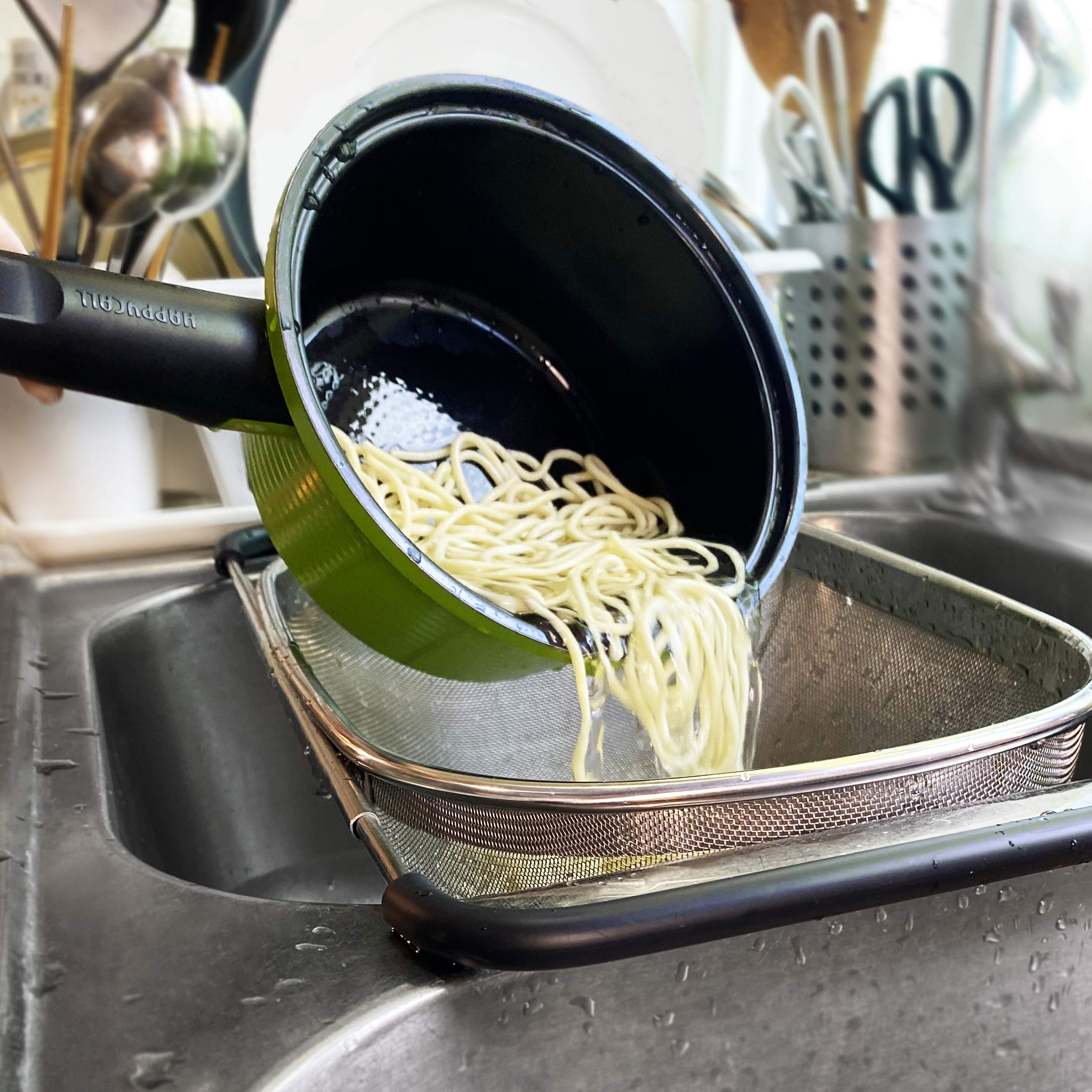 Makerstep Expandable Over-the-Sink Colander Strainer Basket - Stainless Steel with Rubber Grip, Fine Mesh Design for Effortless Draining, Perfect for Washing Fruits, Vegetables, and Pasta in Your Kitchen
