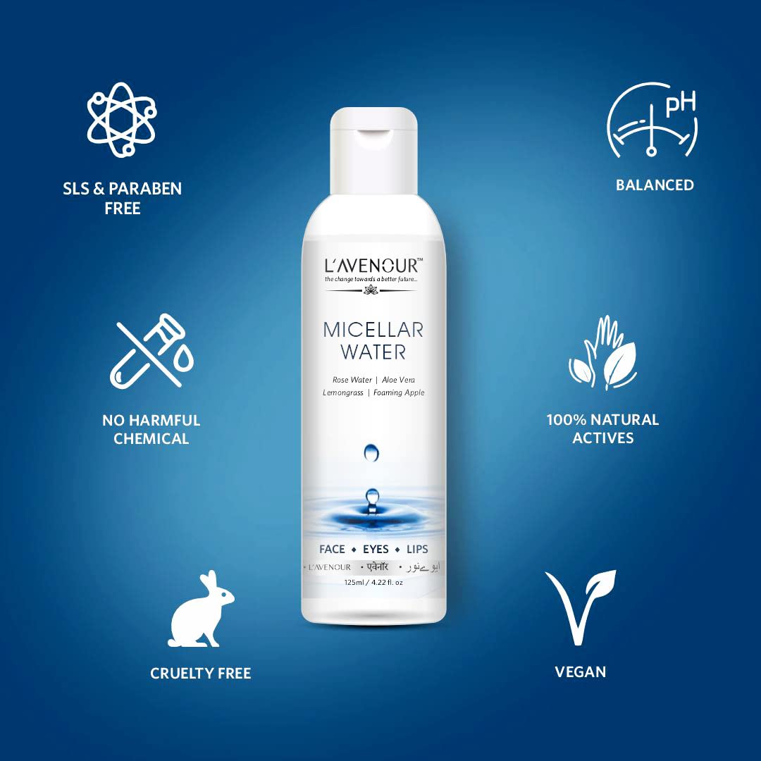 L'avenour Micellar Cleansing Water for Face, Eyes & Lips | Gentle Makeup Remover & Deep Cleanser | All Skin Types | SLS & Parabens Free | 125ml (Pack of 2) | Perfect for Travel, Daily Skincare & Quick Makeup Removal