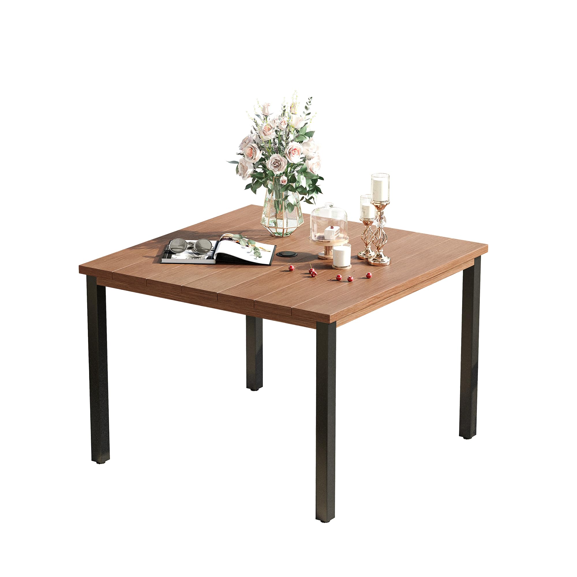 VICLLAX 40.2 Inch Square Outdoor Dining Table for 4 People - All-Weather Metal Patio Table with Umbrella Hole - Walnut Wood-Like Tabletop - Perfect for Garden, Lawn, Backyard, and Poolside Dining