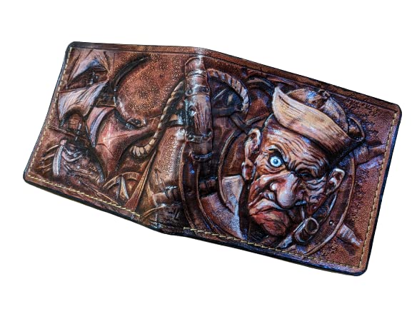 Handcrafted 3D Genuine Leather Anchor & Ship Wheel Wallet for Men - Custom Biker Wallet with Airbrush Art & Carved Design - Perfect for Motorcycle Riders, Nautical Enthusiasts & Unique Gift Giving