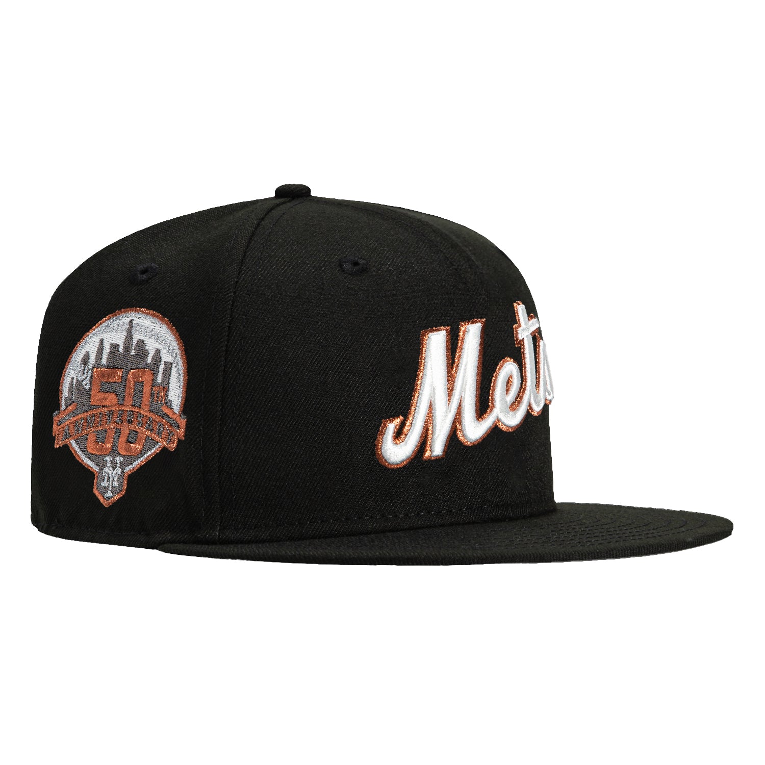 New Era 59Fifty New York Mets 50th Anniversary Patch Script Hat - Black, Ivory, Metallic Copper | MLB Baseball Cap for Fans, Streetwear & Sports Enthusiasts