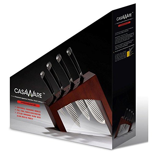 Casaware 5-Piece Knife Block Set - Stainless Steel Kitchen Knives (Chef, Utility, Paring, Bread Knife) with Wooden Block - Espresso Brown - Perfect for Home Cooking, Meal Prep & Gift Giving