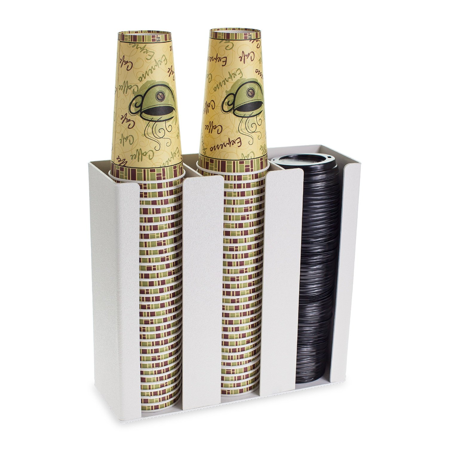 Premium White Coffee Cup & Lid Organizer - Wall Mount or Countertop Soda Fountain Accessory (3-Sleeve) - Perfect for Restaurants, Cafes, and Home Kitchens