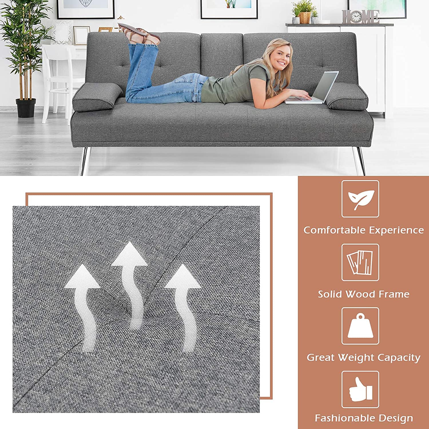 Moccha Folding Futon Sofa Bed - Full Size Convertible Couch with Metal Legs & Linen Upholstery | Space Saving Sleeper Sofa for Small Apartments, Dorms, Guest Rooms & Home Offices (Grey)
