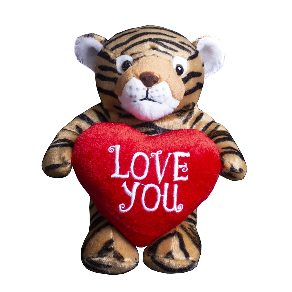 Plushland 8-inch Tiger Stuffed Animal with Embroidered Red Heart - Soft Plush Toy for Kids & Adults - Cute Valentine's Gift, Birthday Present, or Home Decor