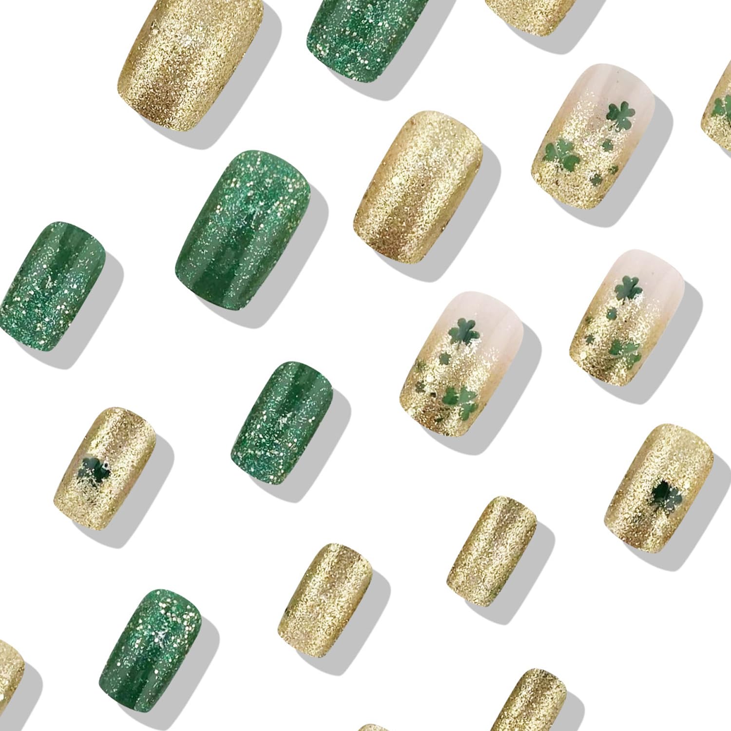 St. Patrick's Day Press On Nails - Medium Coffin Fake Nails with Lucky Clover Design, Green Gold Glitter & French Tips | 24Pcs Shamrock Glitter Full Cover Artificial Nails for Women | Perfect for Parties, Festivals & Irish Celebrations