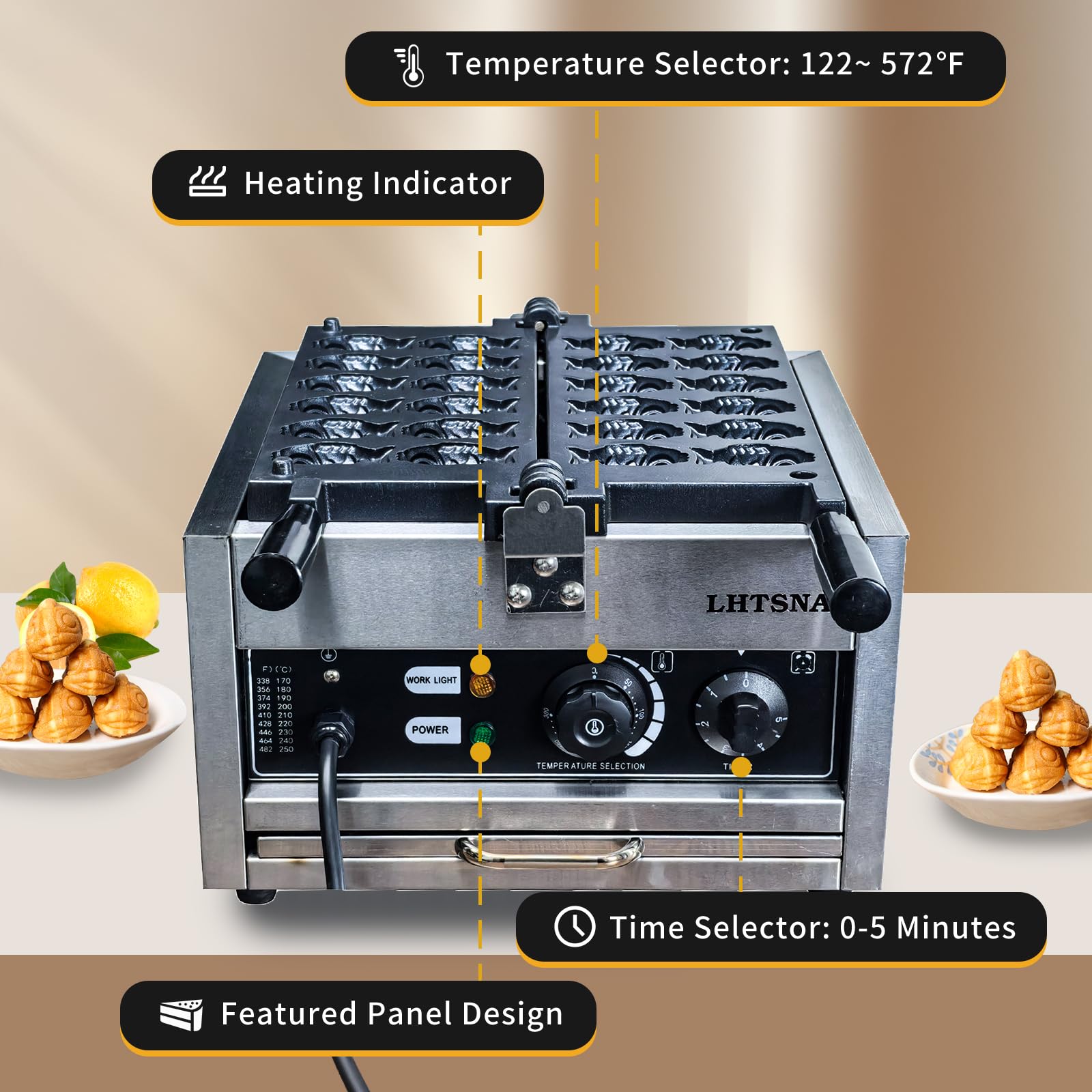 Mini Fish-Shaped Waffle Maker - Non-Stick Teflon Coating Taiyaki Pan with Adjustable Temperature (122-572℉) - Perfect for Home, Hotel, Restaurant, Bakery & Coffee Shop - Make Cute Fish Waffles for Breakfast, Desserts & Parties