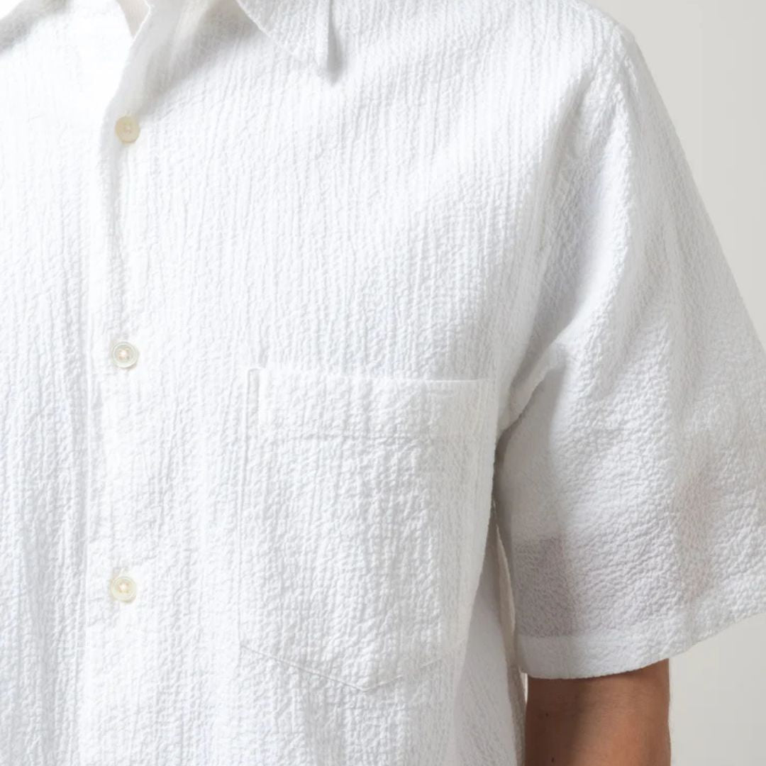 Breathable White Seersucker Short Sleeve Cotton Shirt for Men - Perfect for Summer Casual Wear & Beach Vacations