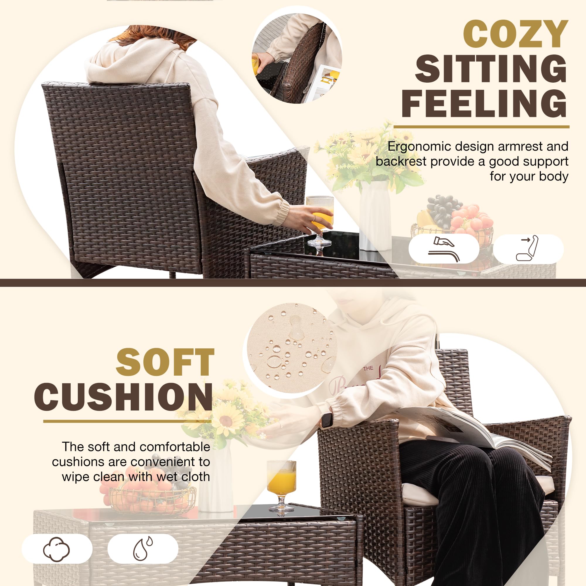 **Homall 4-Piece Outdoor Patio Furniture Set - Rattan Wicker Chairs with Cushions, Brown & Beige - Perfect for Backyard, Porch, Garden, Poolside & Balcony - Indoor & Outdoor Use**