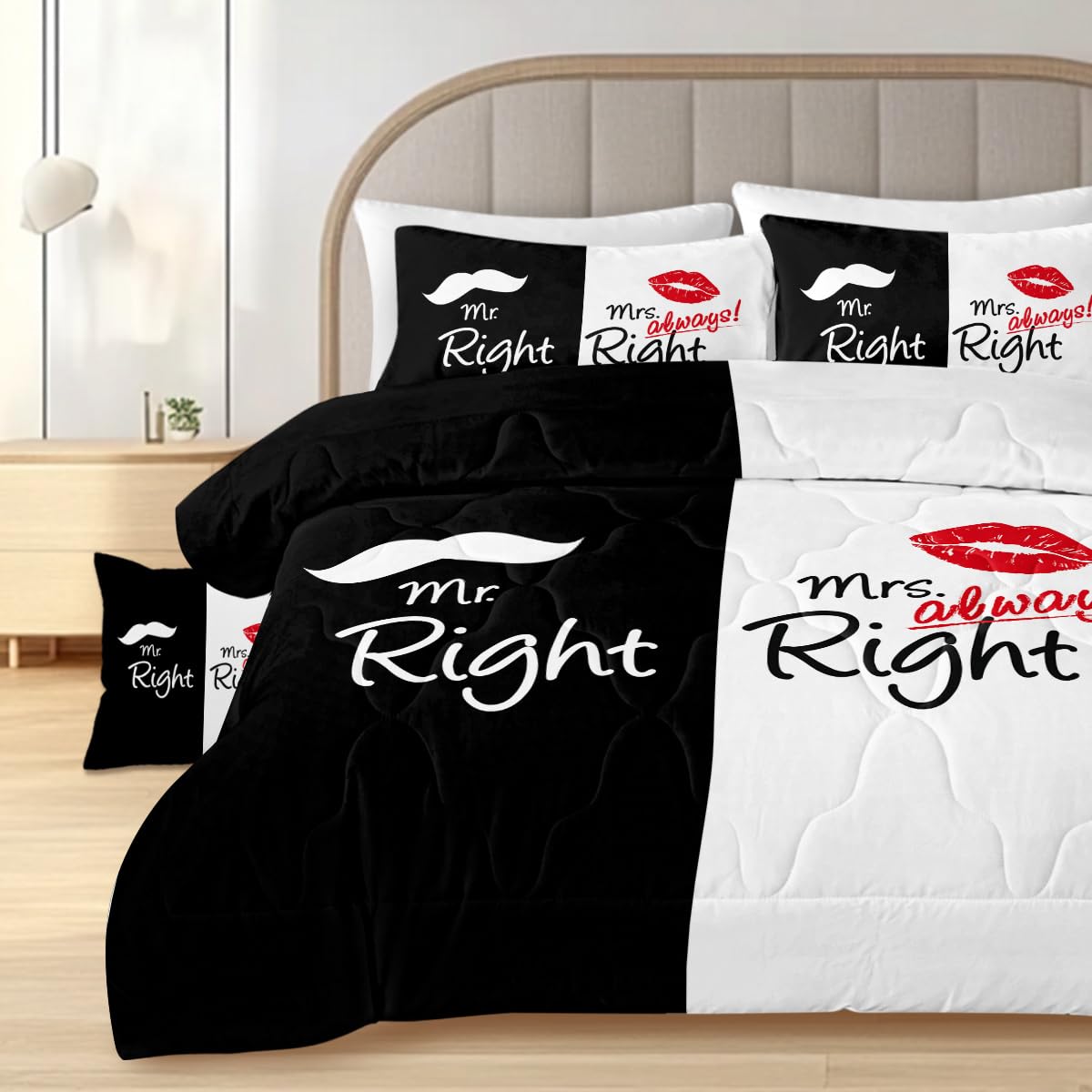 Sleepwish Black & White Queen Comforter Set - Funny Mr. Right & Mrs. Always Right Design with Lip & Beard Print - 4 Piece Bedding Set for Couples - Perfect for Anniversary Gifts & Romantic Bedroom Decor