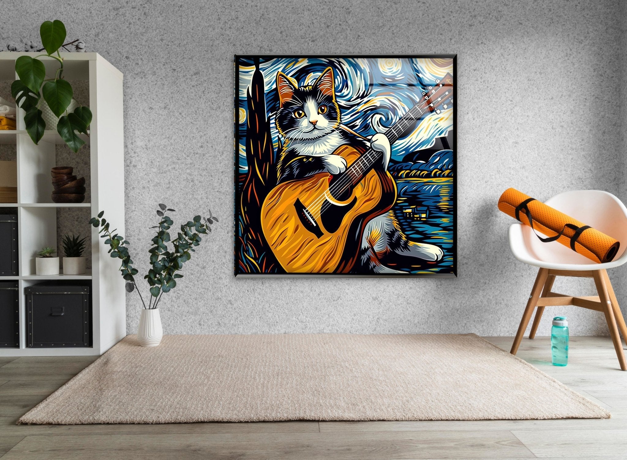 Adorable Cat Playing Guitar Glass Wall Art - Unique Home Decor for Living Room, Bedroom & Office - Perfect Gift for Cat Lovers