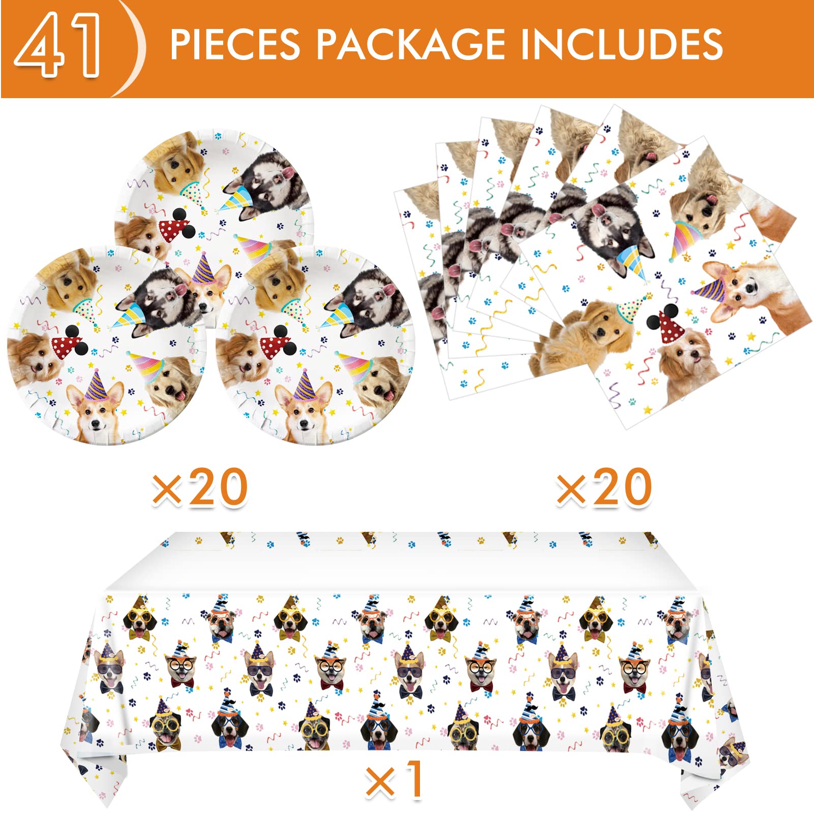 41-Piece Dog Birthday Party Supplies Set - 20 Plates, 20 Napkins & 1 Tablecloth for Puppy Themed Decorations | Perfect for Kids Birthday Parties, Pet Celebrations & Dog-Themed Events