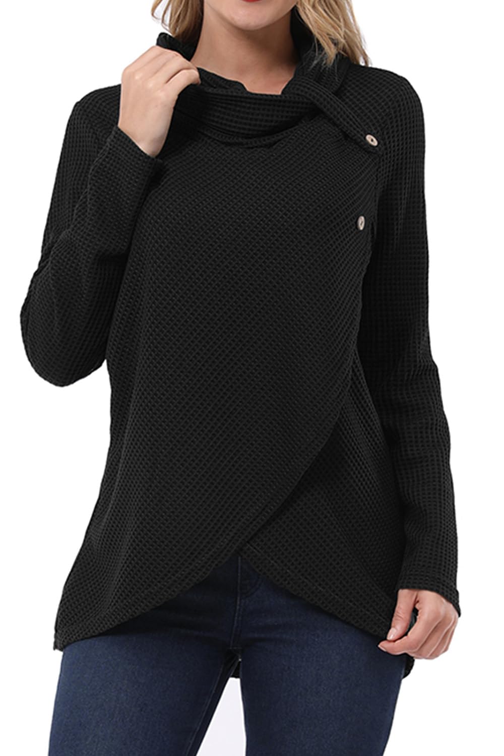 KILIG Women's 2023 Lightweight Cowl Neck Sweater - Long Sleeve Asymmetrical Waffle Knit Wrap Cardigan with Button Front | Casual Fall & Winter Pullover for Office, Date Night & Layering