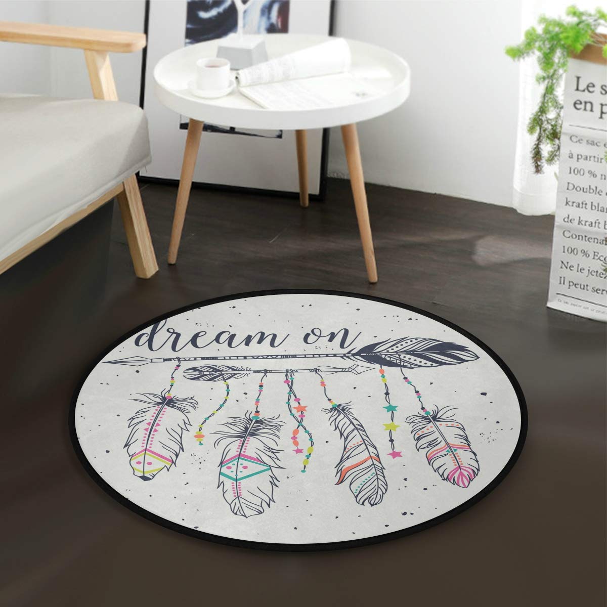 ALAZA Tribal Ethnic Arrow Dreamcatcher Feather Round Area Rug - 3' Diameter (92 cm) - Bohemian Home Decor for Living Room, Bedroom, Nursery & Dorm - Soft Floor Mat for Boho Chic, Native American Style Interior Design