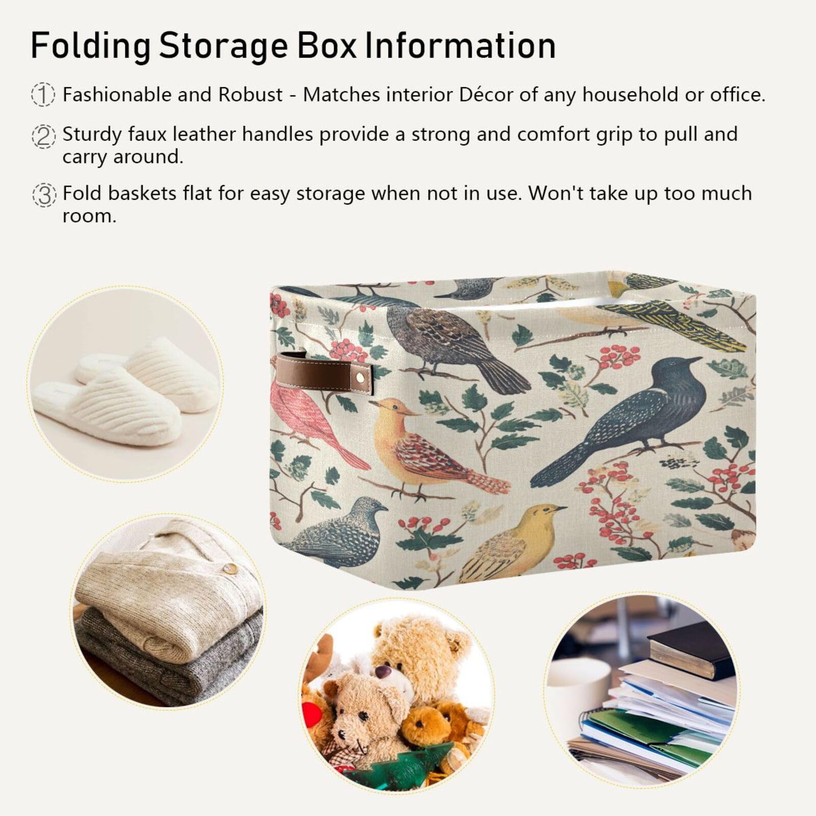 Large Fabric Storage Bins with Handles - Vintage Birds Collapsible Baskets for Clothes, Toys & Home Organization