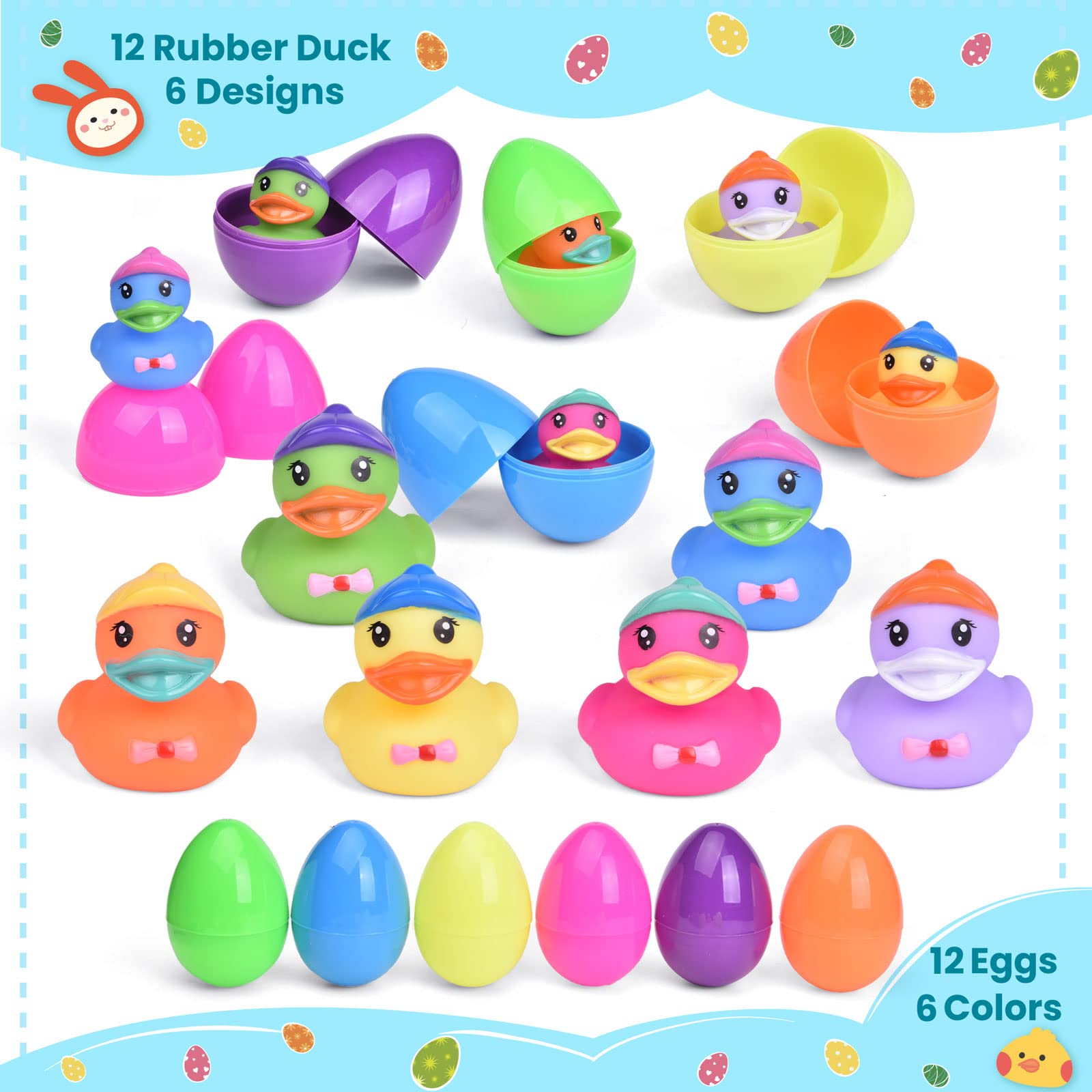 12-Piece Prefilled Easter Eggs with Rubber Duck Toys - Colorful Easter Party Favors for Kids, Fun Bath Toys & Easter Basket Stuffers - Perfect for Easter Egg Hunts, Birthday Parties & Holiday Gifts