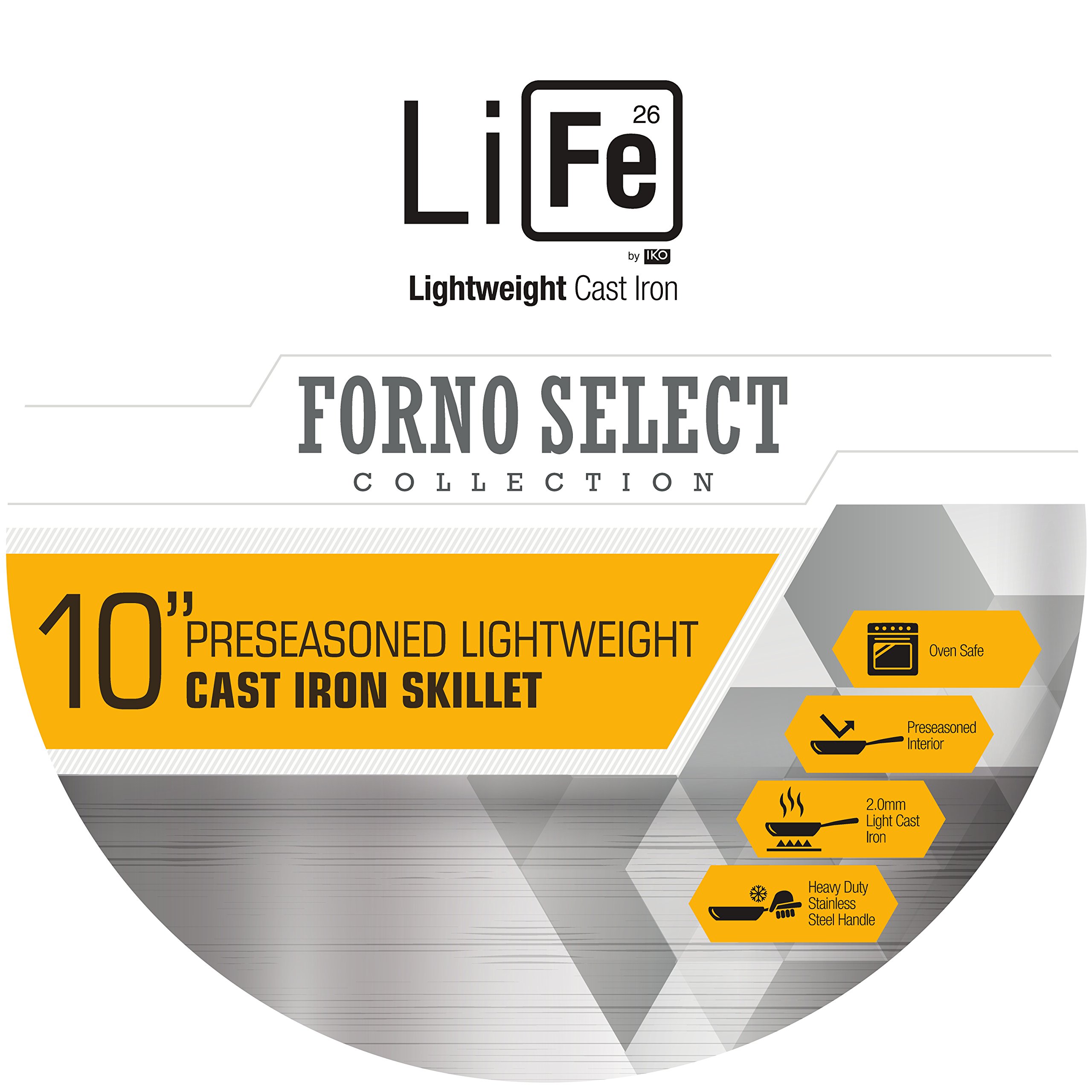 IKO Lightweight Kosher Cast Iron Skillet 10 Inch - Heavy Duty Stainless Steel Handle, Pre-Seasoned Non-Stick Surface, Oven & Stovetop Safe - Perfect for Searing, Frying & Baking | Ideal for Home Kitchen, Camping & Outdoor Cooking