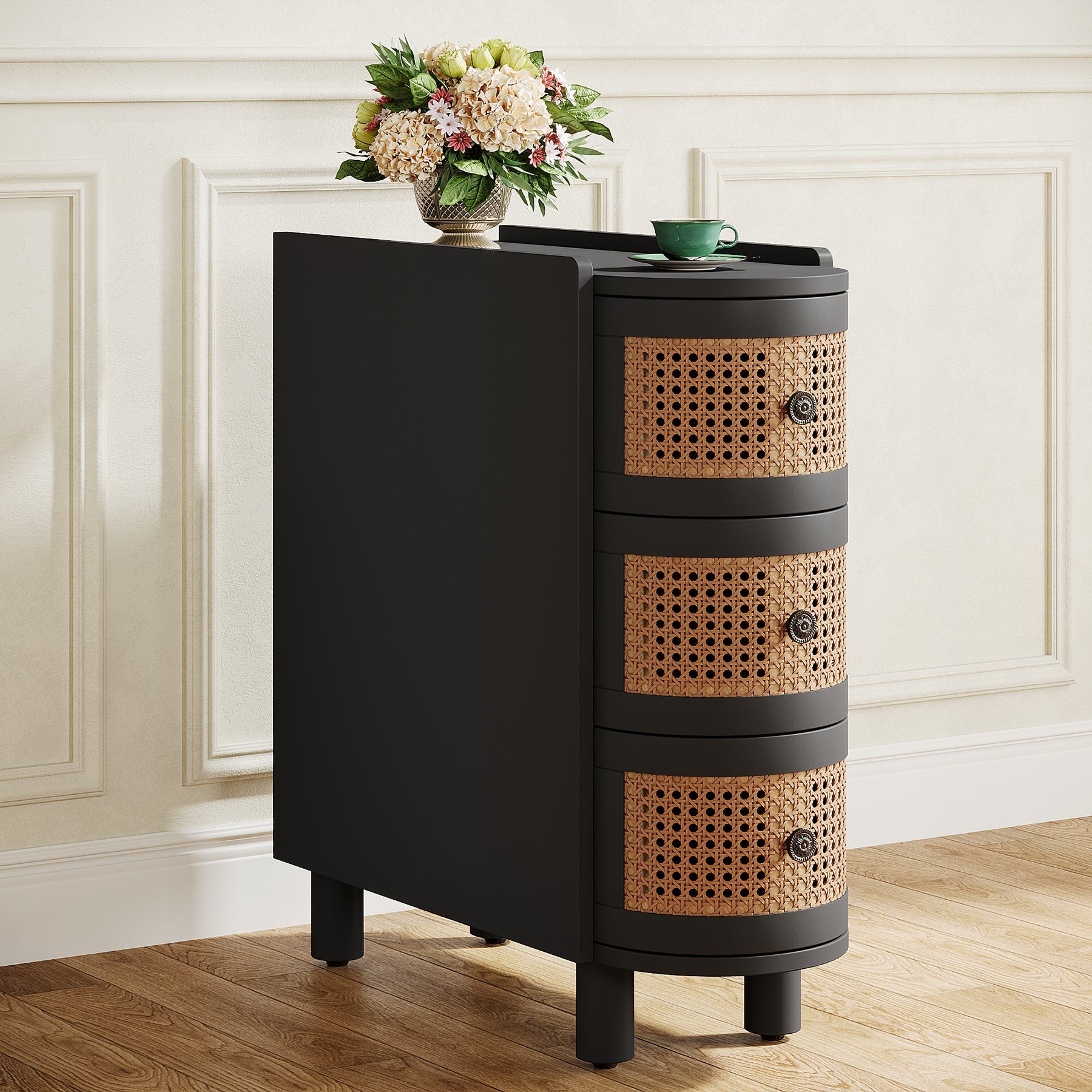 Modern Wooden End Table with 3 Rattan Drawers - Nightstand, Side Table for Bedroom, Living Room | Perfect for Small Spaces, Apartment Decor & Storage Solutions