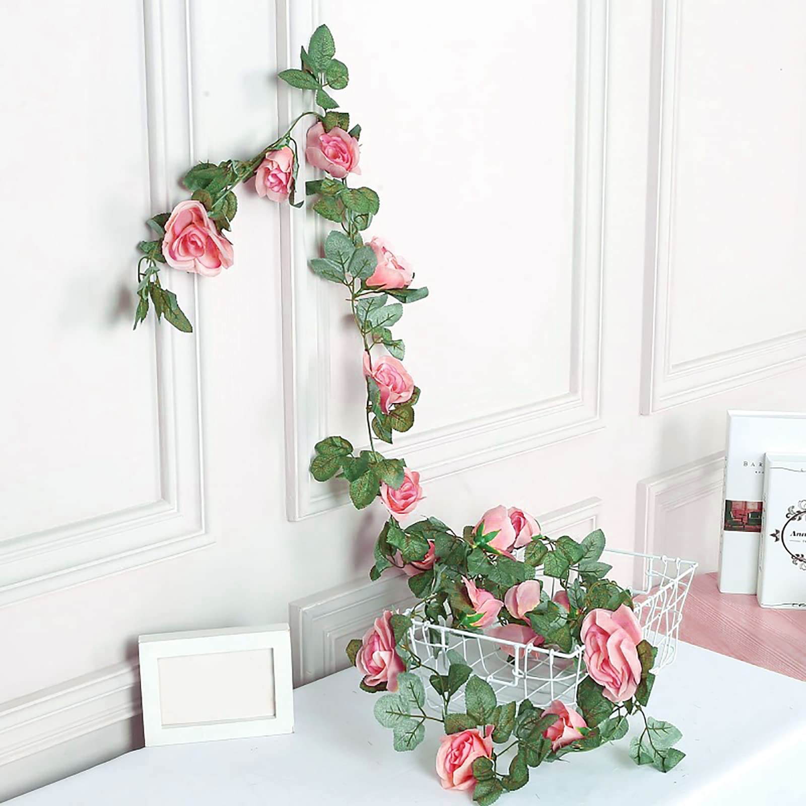Artificial Rose Vine Garland - 7.5 Ft Pink Fake Flower Hanging Decor with Leaves for Wedding Backdrop, Garden Arch, Home Craft & Wall Decoration | Perfect for Party, Boho Room, Nursery & Outdoor Events