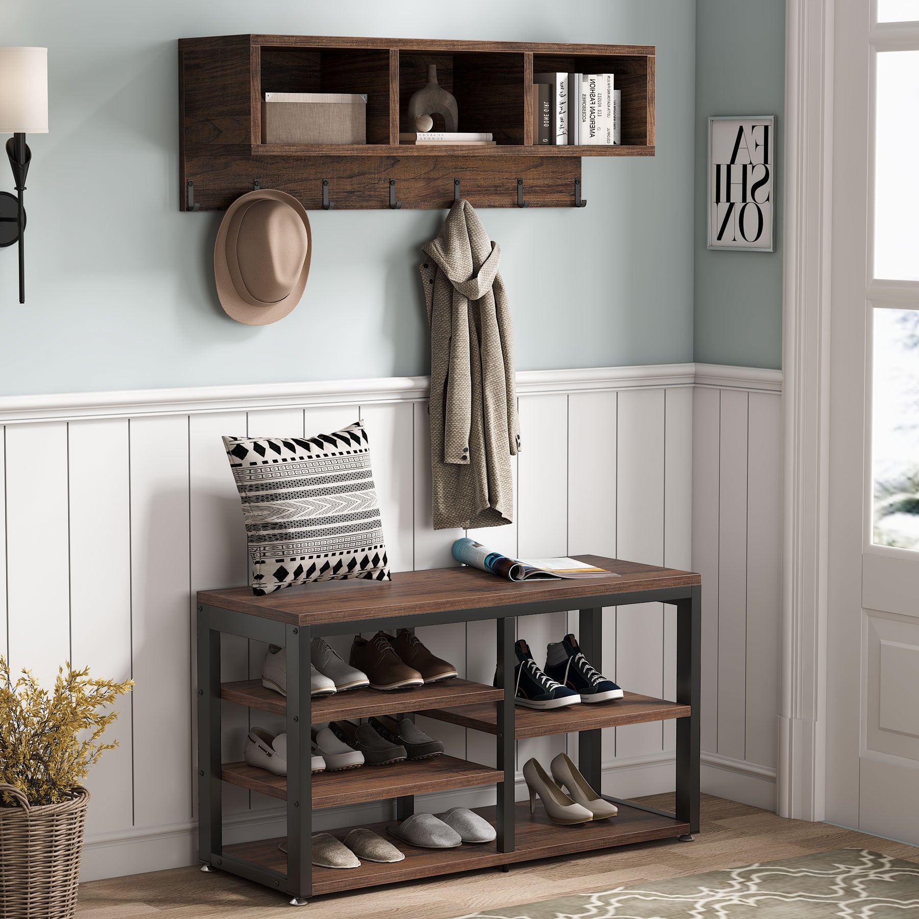 5 in 1 Coat Rack Shoe Bench Set with Wall Mounted Shelf - Space Saving Entryway Organizer for Hats, Bags & Shoes | Perfect for Hallway, Mudroom or Foyer Decor