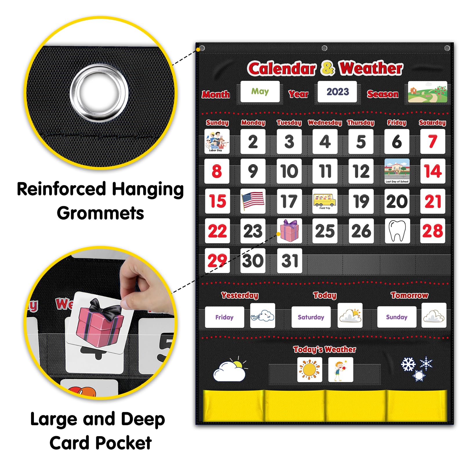 Godery Calendar and Weather Pocket Chart - 149 Pieces Classroom Organization Tool for Teachers (Black) | Perfect for Daily Schedule, Weather Tracking & Student Activities in Preschool & Elementary School