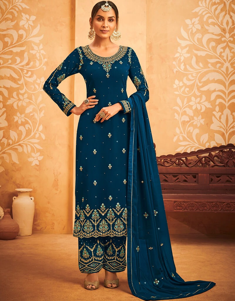 Elegant Blue Georgette Palazzo Salwar Suit for Women - Comfortable Indian Ethnic Wear for Parties, Weddings & Festive Occasions