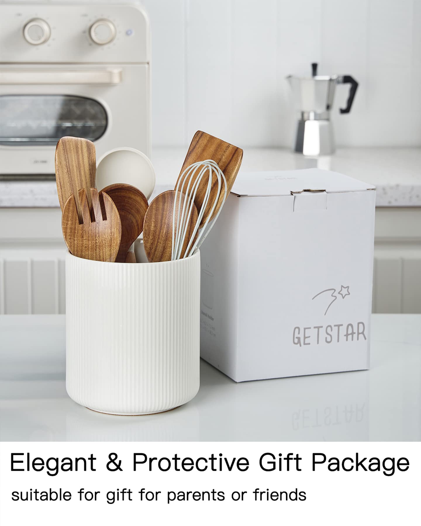 Getstar Large Ceramic Kitchen Utensil Holder with Cork Mat - 7.2