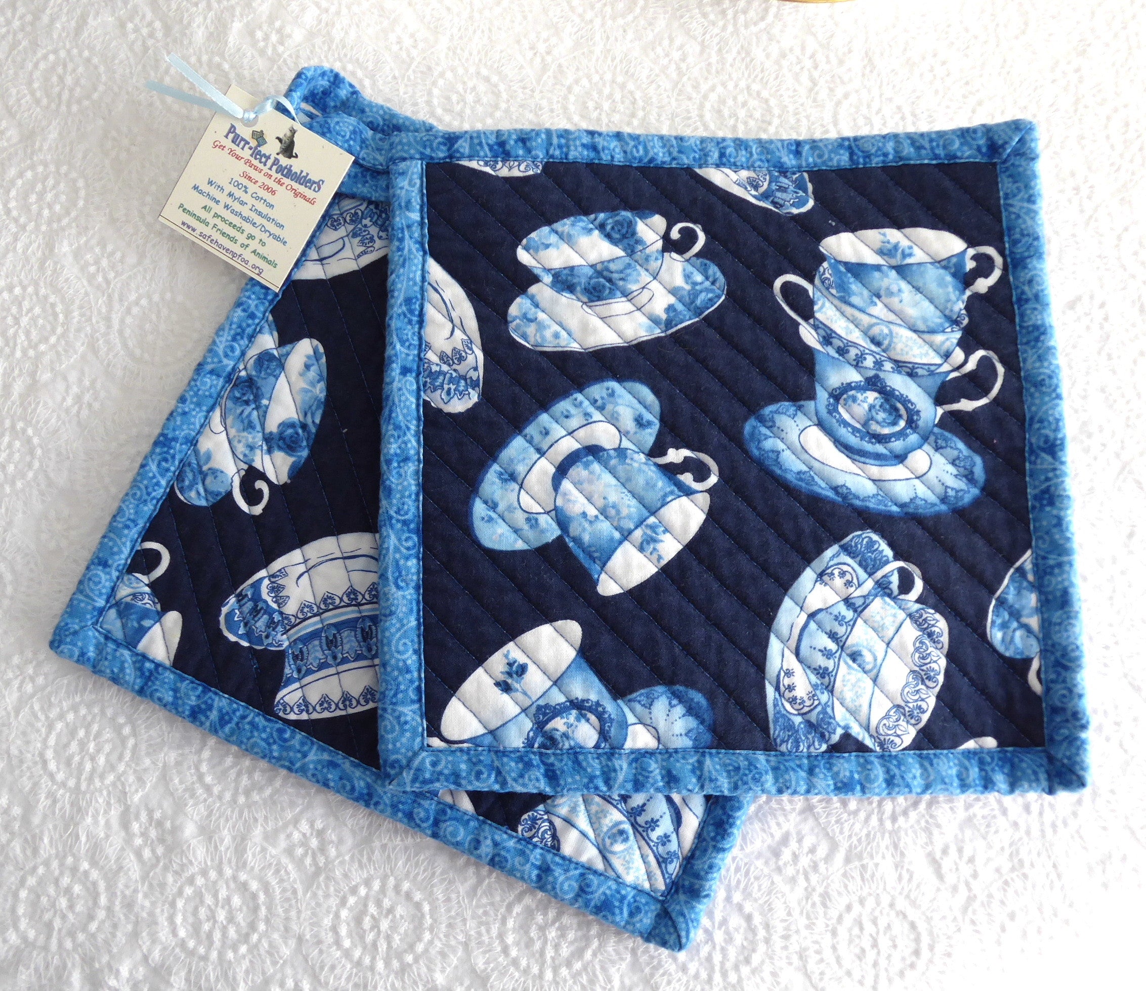 Handmade Blue Padded Teacup Potholders Set of 2 - Heat Resistant Kitchen Mitts for Hot Dishes & Baking - Supports Animal Charity - Perfect for Tea Parties, Cooking & Gift Giving