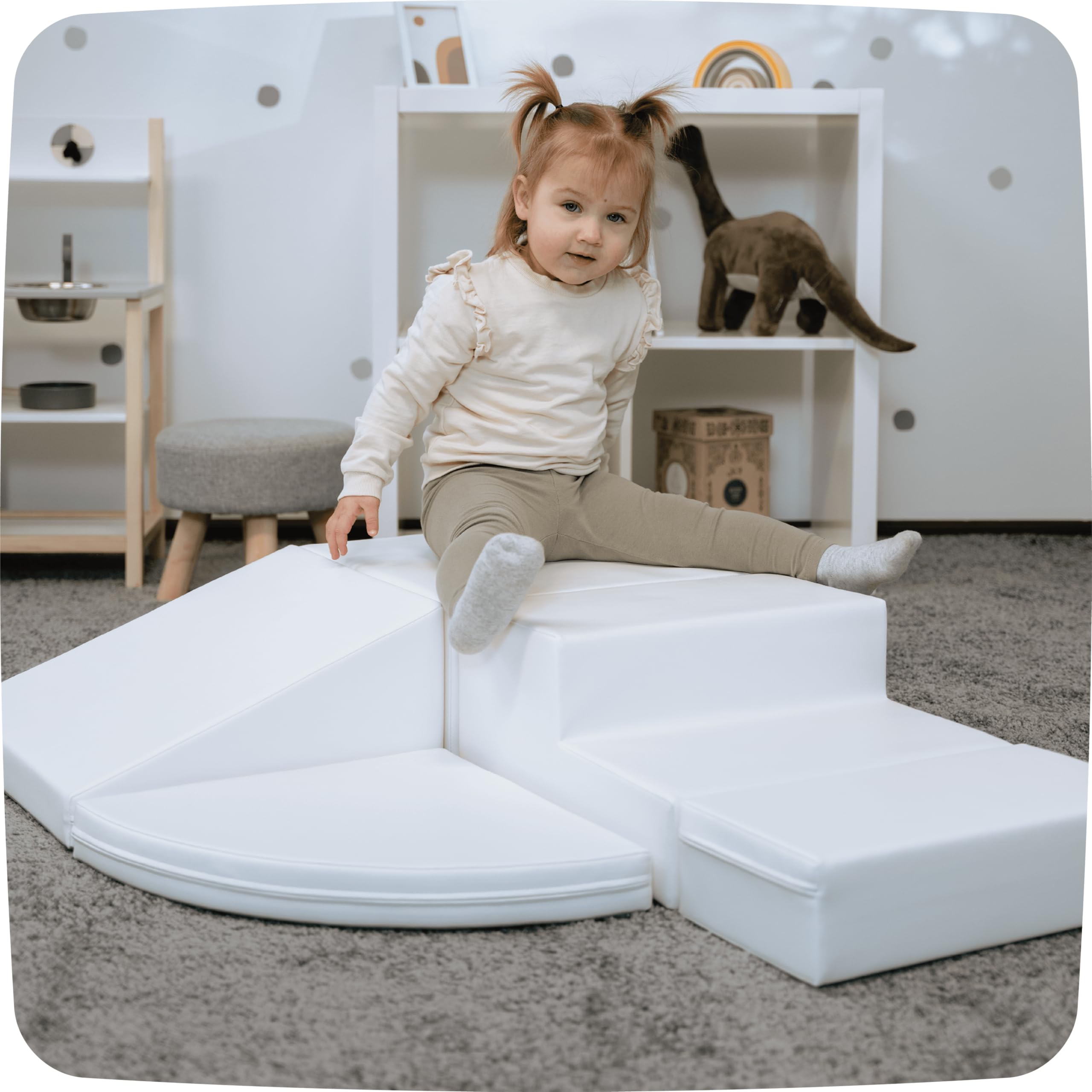 IGLU Set of 6 Soft Play Equipment for Kids - Non-Slip XL Softzone Foam Blocks (White, Vegan Leather) - Safe Indoor Playroom & Toddler Gym Mats for Daycare, Nursery, and Home Play Areas