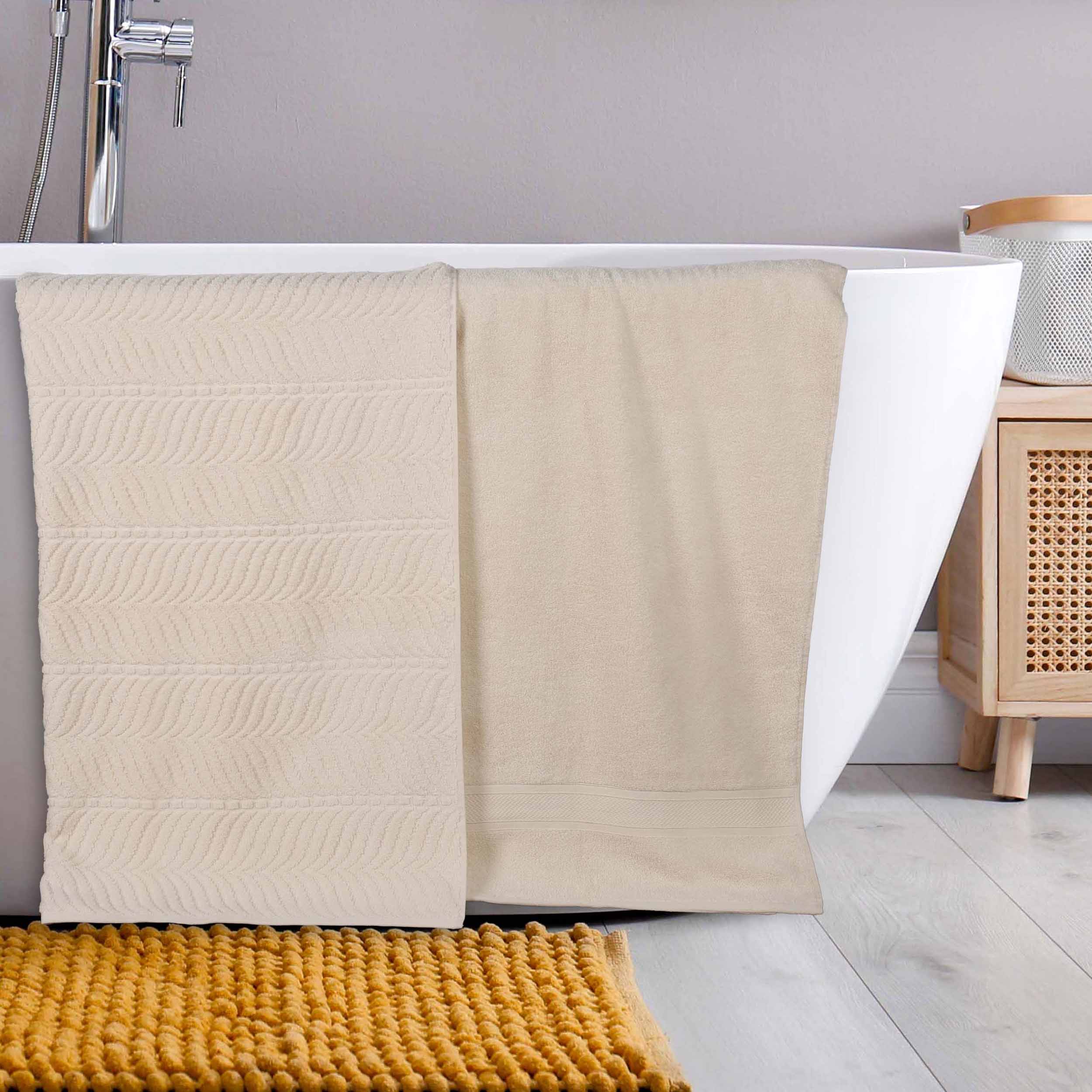 Premium Zero Twist Cotton Bath Towel Set of 2 - Ultra Soft Solid & Jacquard Chevron Design for Luxury Bathroom & Spa Experience