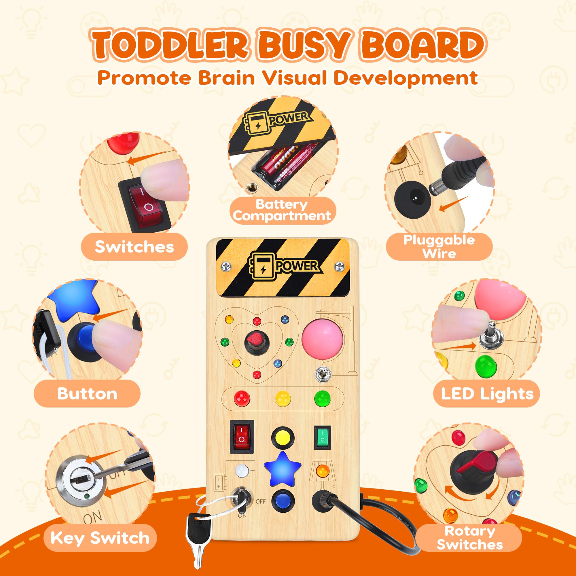 Montessori Wooden Busy Board for Toddlers - 8 Switches & 15 LED Sensory Light Switch Toy, Educational Travel Activity Board for 1+ Year Old Boys & Girls, Perfect for Home, Car, and Classroom Learning