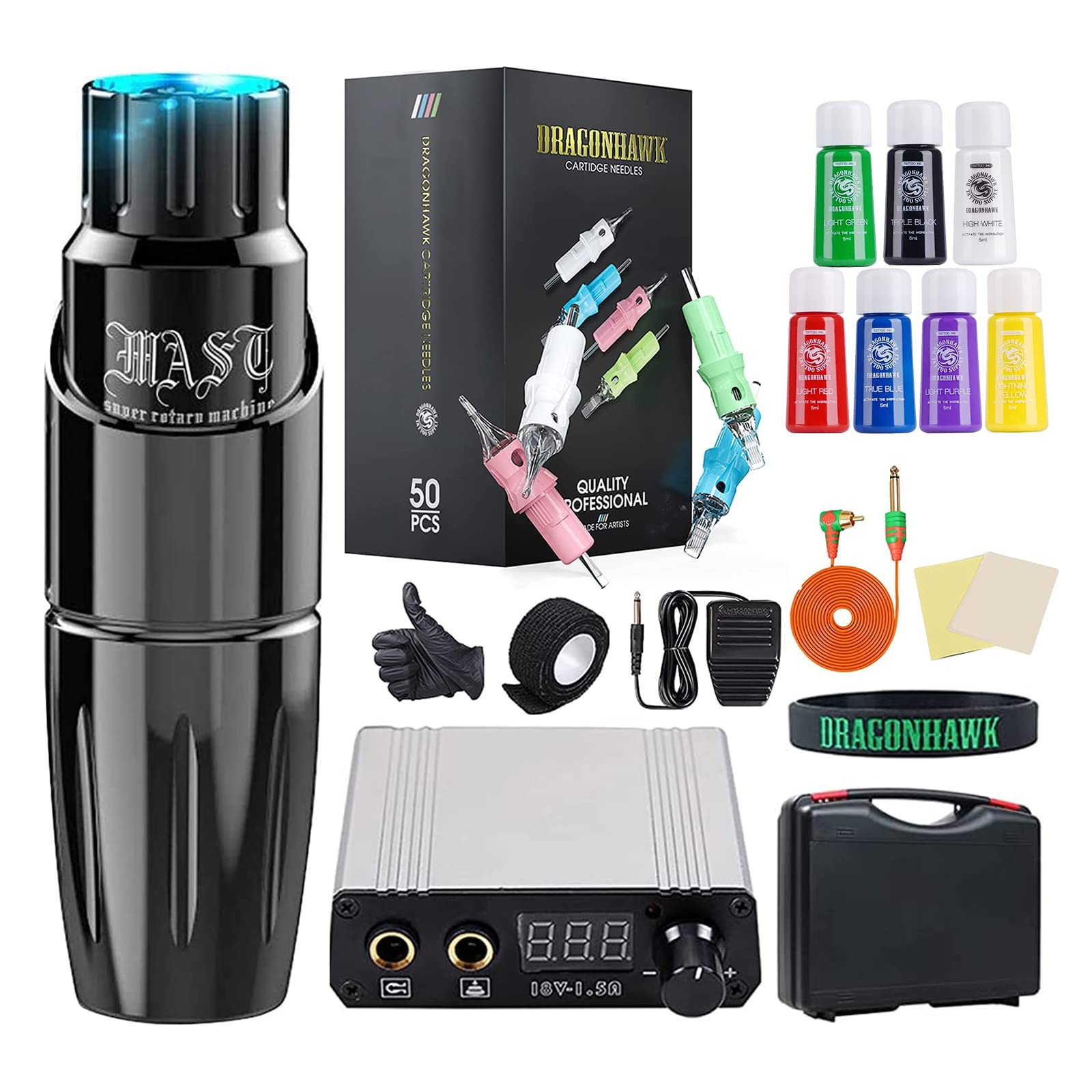 Dragonhawk Professional Rotary Tattoo Pen Machine Kit - Complete Permanent Makeup Set with 20 Cartridges, Needles, Power Supply & Color Inks | Ideal for Tattoo Artists & Studio Professionals | Perfect for Tattooing, Permanent Makeup & Cosmetic Procedures